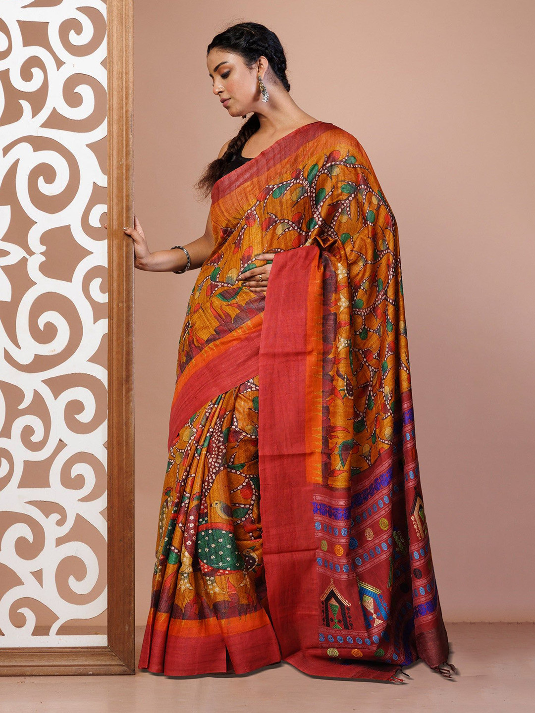 

Unnati Silks Ethnic Motifs Pure Silk Handloom Tussar Saree, Yellow
