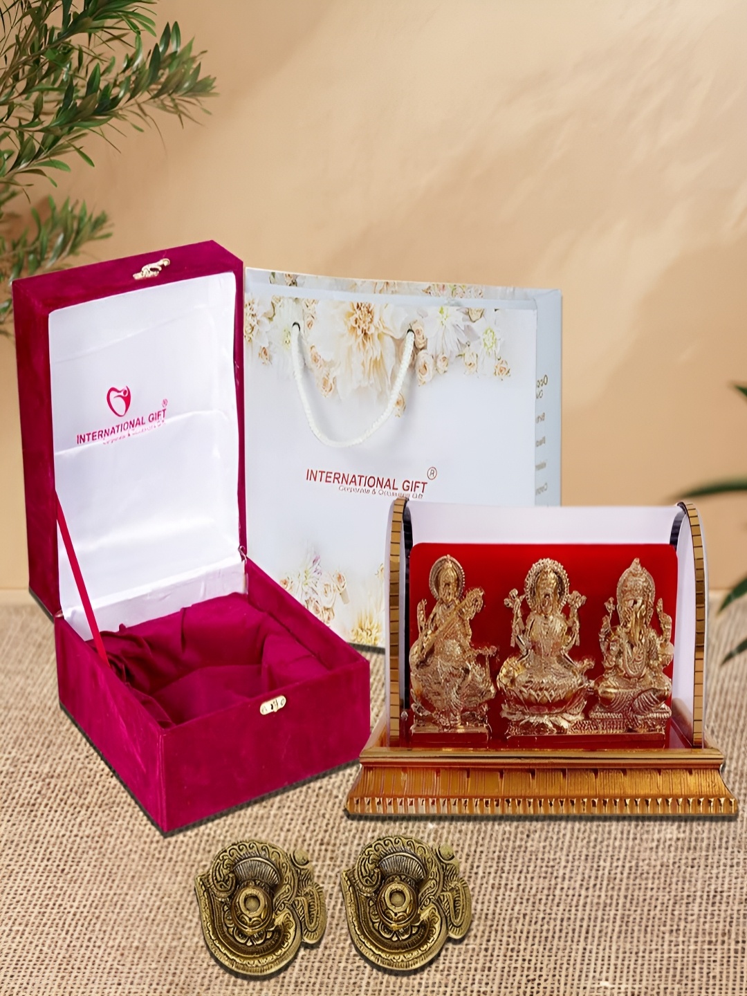 

INTERNATIONAL GIFT Gold-Toned 3 Pieces Laxmi Ganesha Sarswati with Om Diyas Home Gift Set