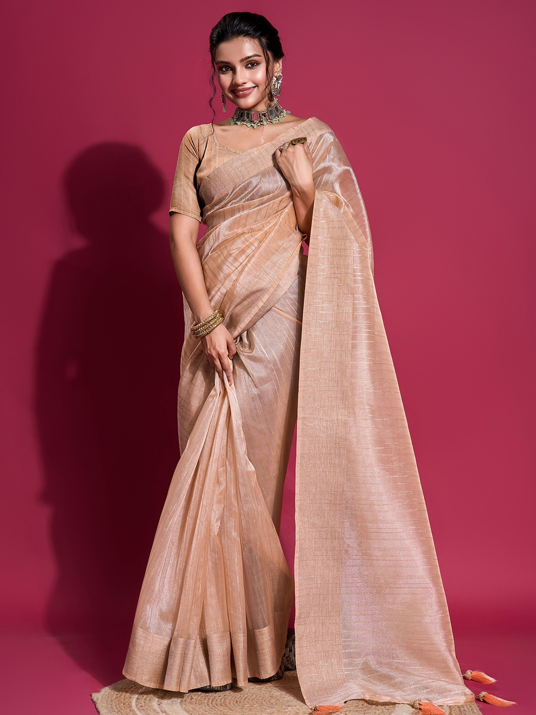 

KALINI Woven Design Zari Organza Saree, Peach