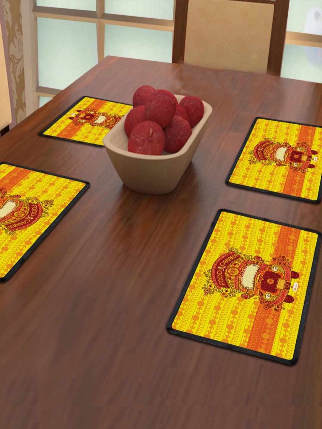 

Indigifts Yellow & Black 4 Pieces Ethnic Motifs Printed Rectangle Shape Table Placemats