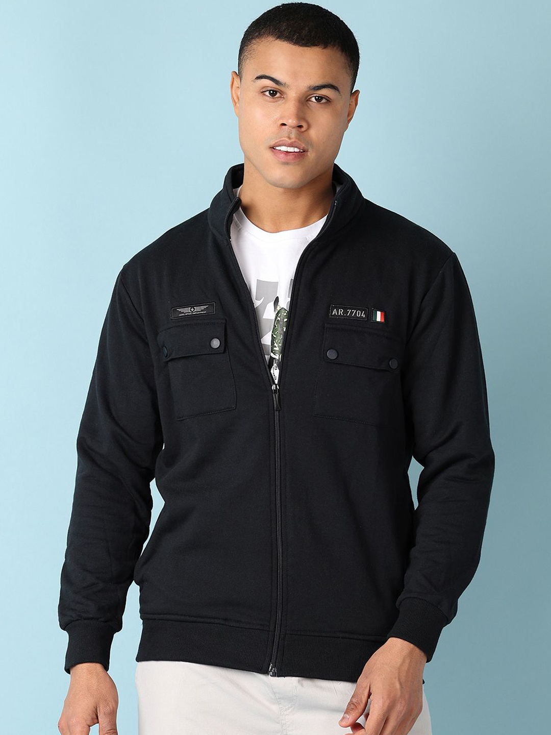 

V-Mart Men Cotton Stand Collar Jacket, Navy blue