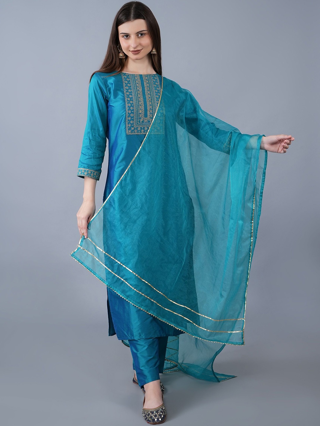 

KALINI Floral Yoke Design Straight Zari Kurta with Trousers & Dupatta, Teal
