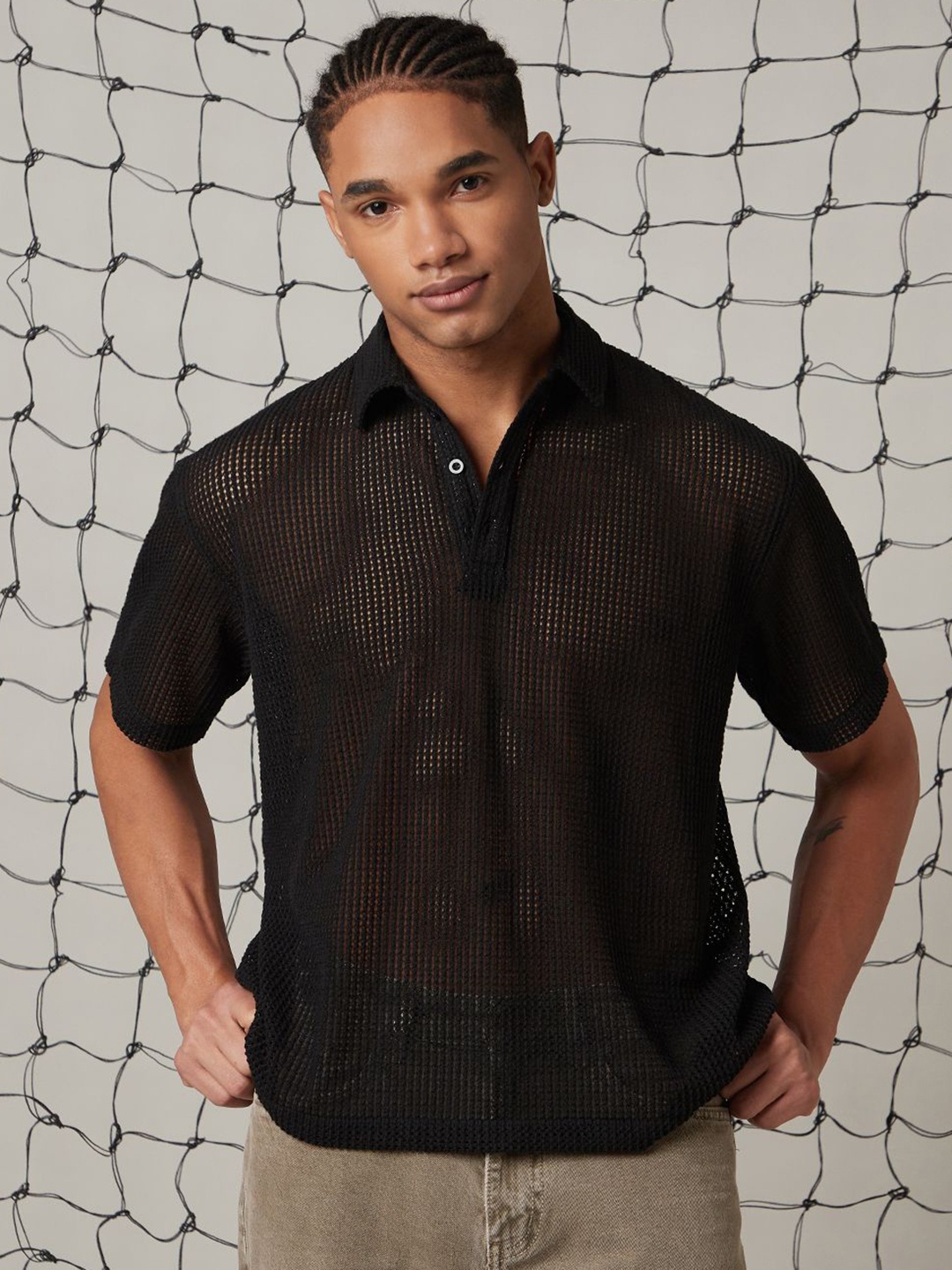 

Hubberholme Men Self Design Oversized Polo T-shirt, Black