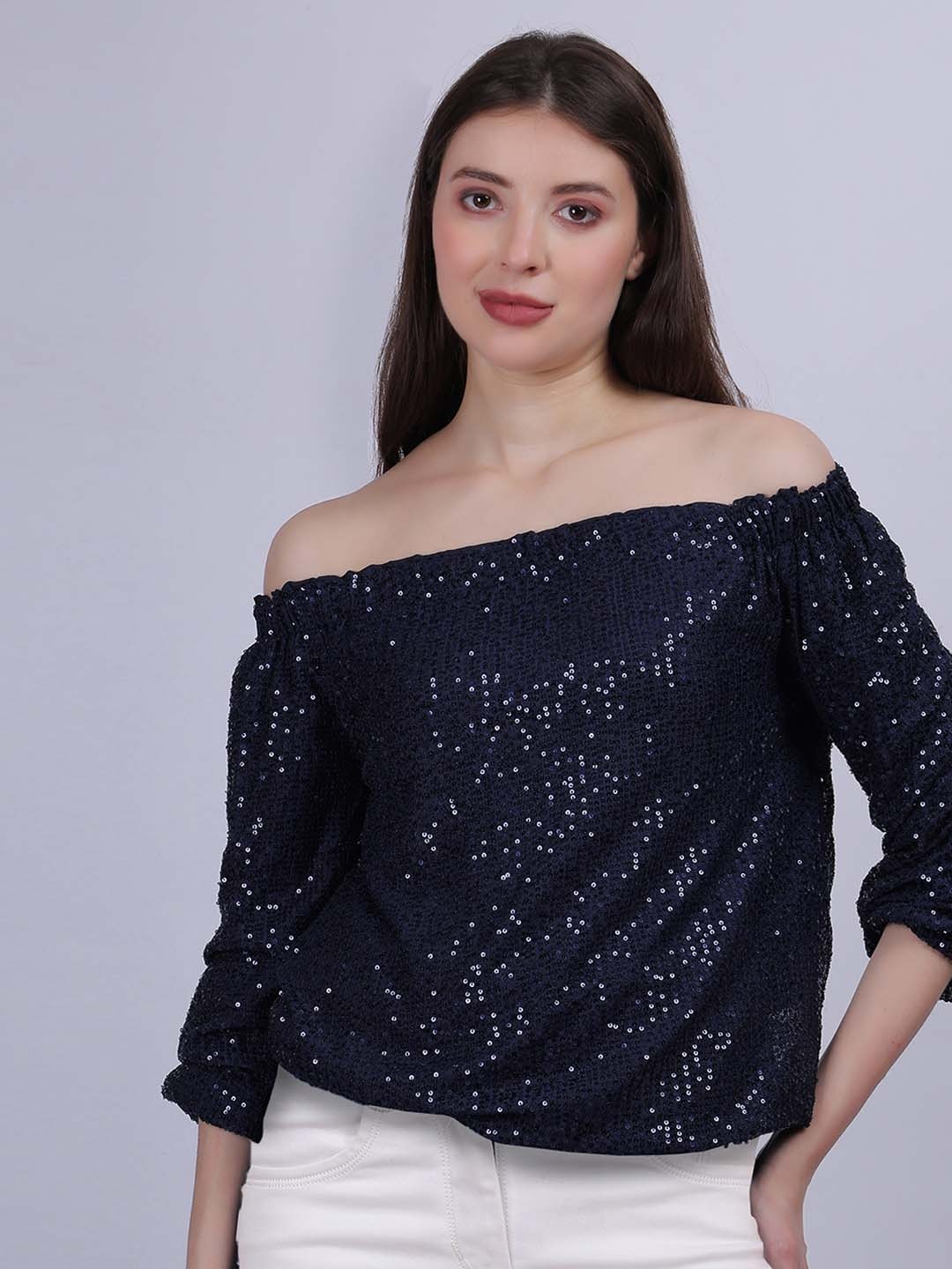 

Aumbe Embellished Off-Shoulder Bardot Top, Navy blue