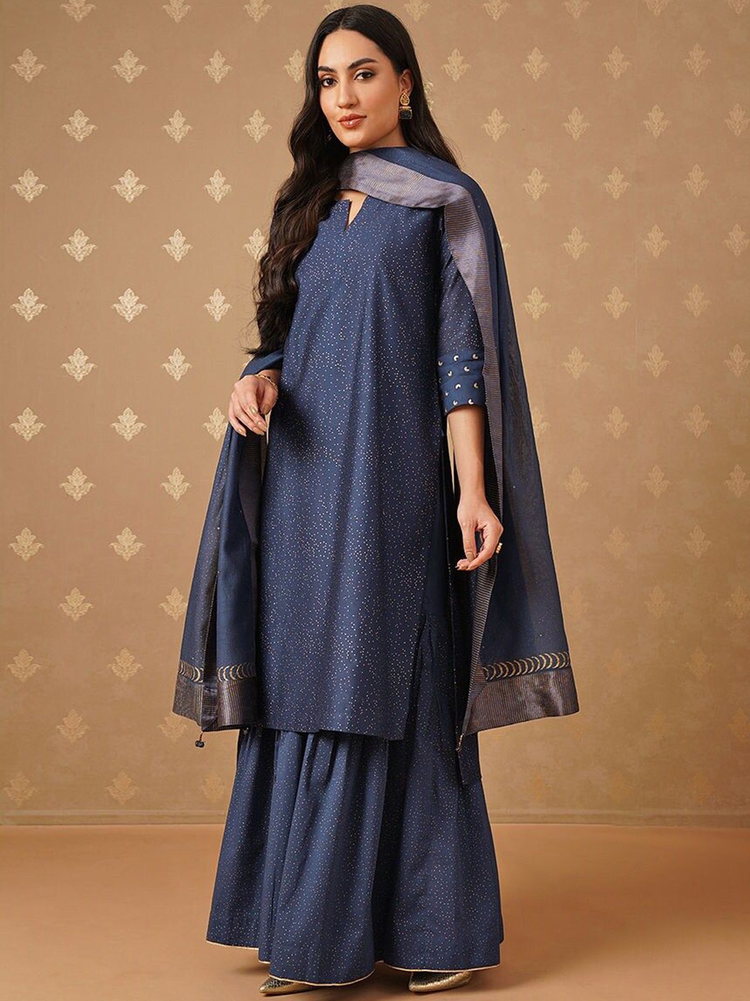 

JAYPORE Ethnic Motifs Printed Notched Neck Cotton Silk Straight Kurta, Navy blue