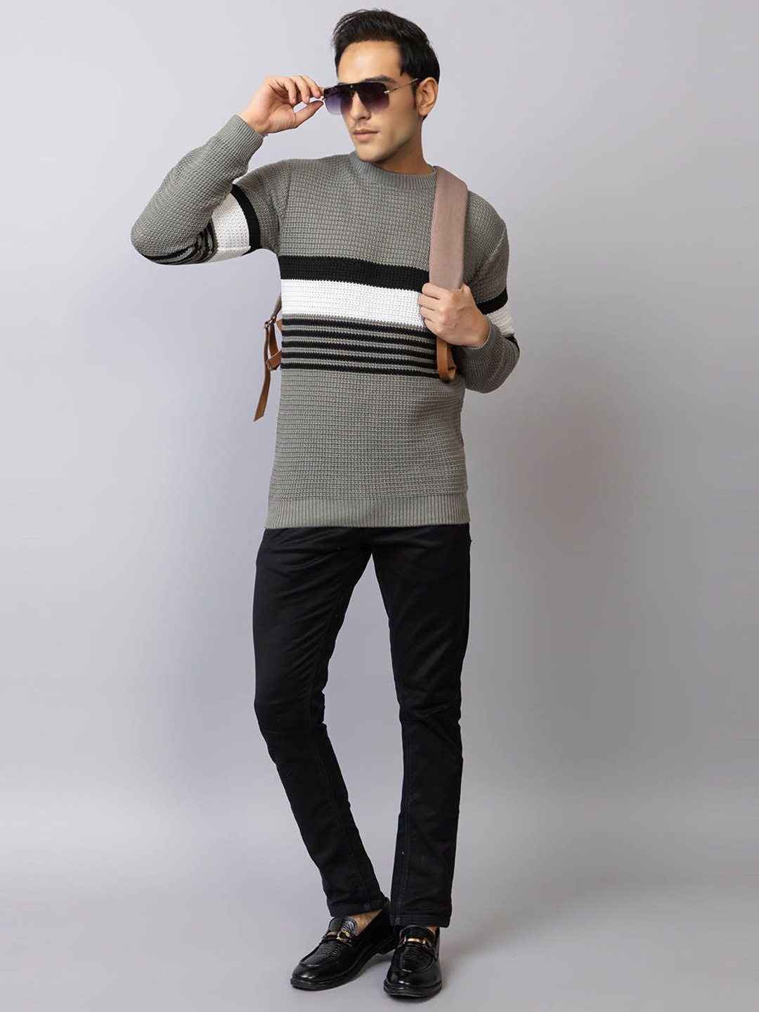 

TYSORT Men Striped Woollen Pullover Sweater, Grey