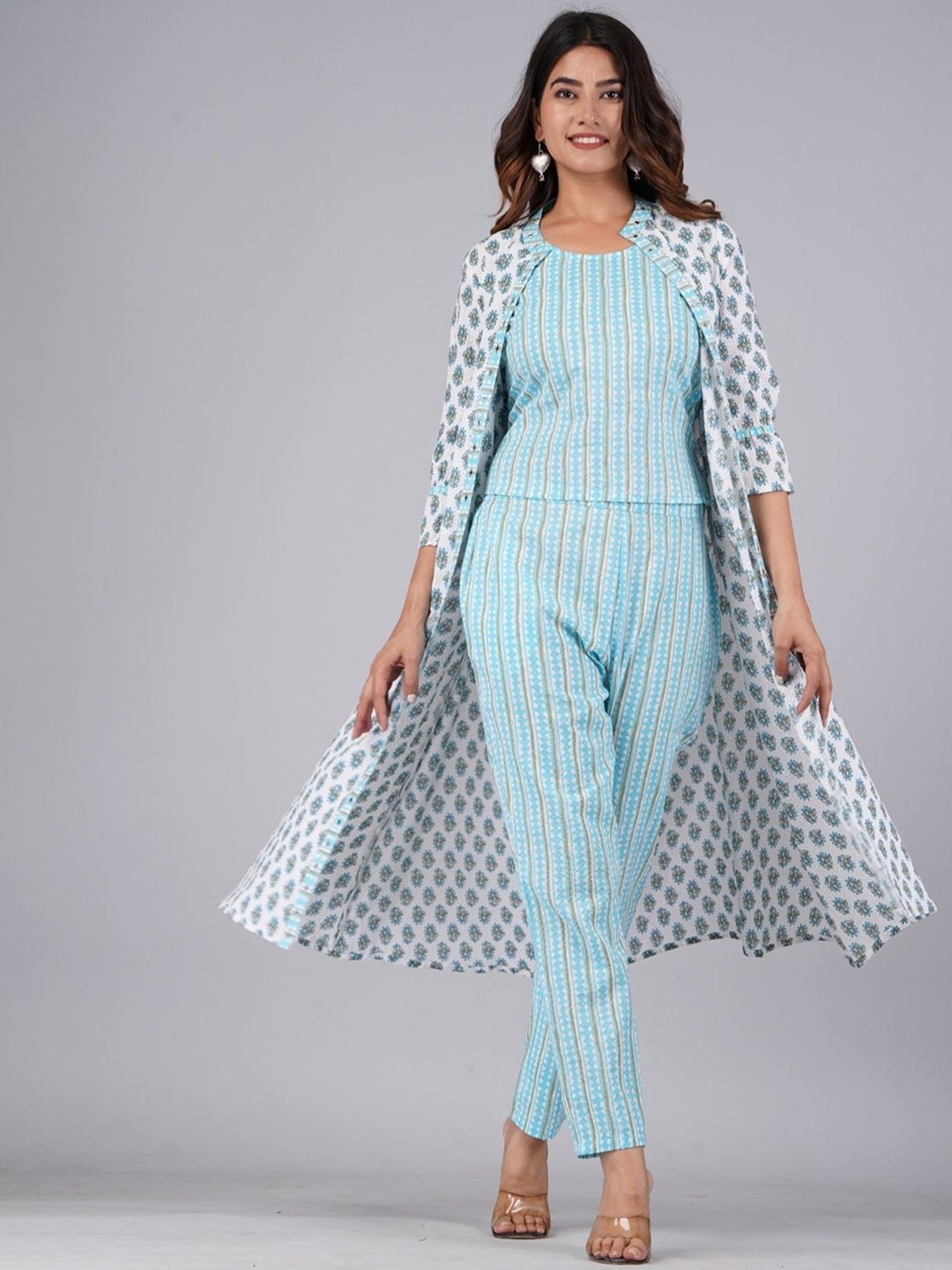 

KALINI Floral Printed Pure Cotton Top With Trousers & Shrug, Blue