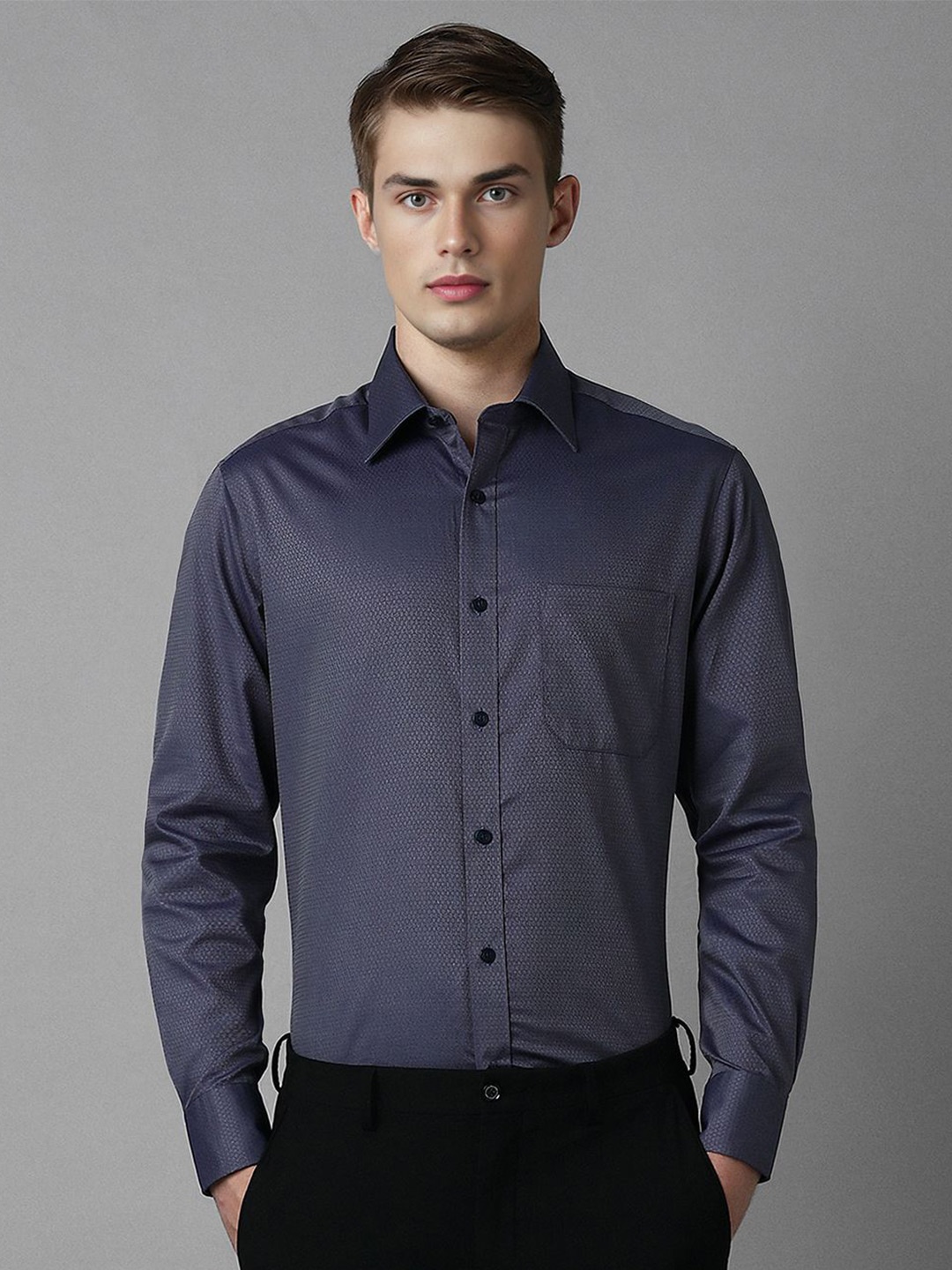 

Louis Philippe Men Classic Spread Collar Textured Printed Cotton Formal Shirt, Navy blue