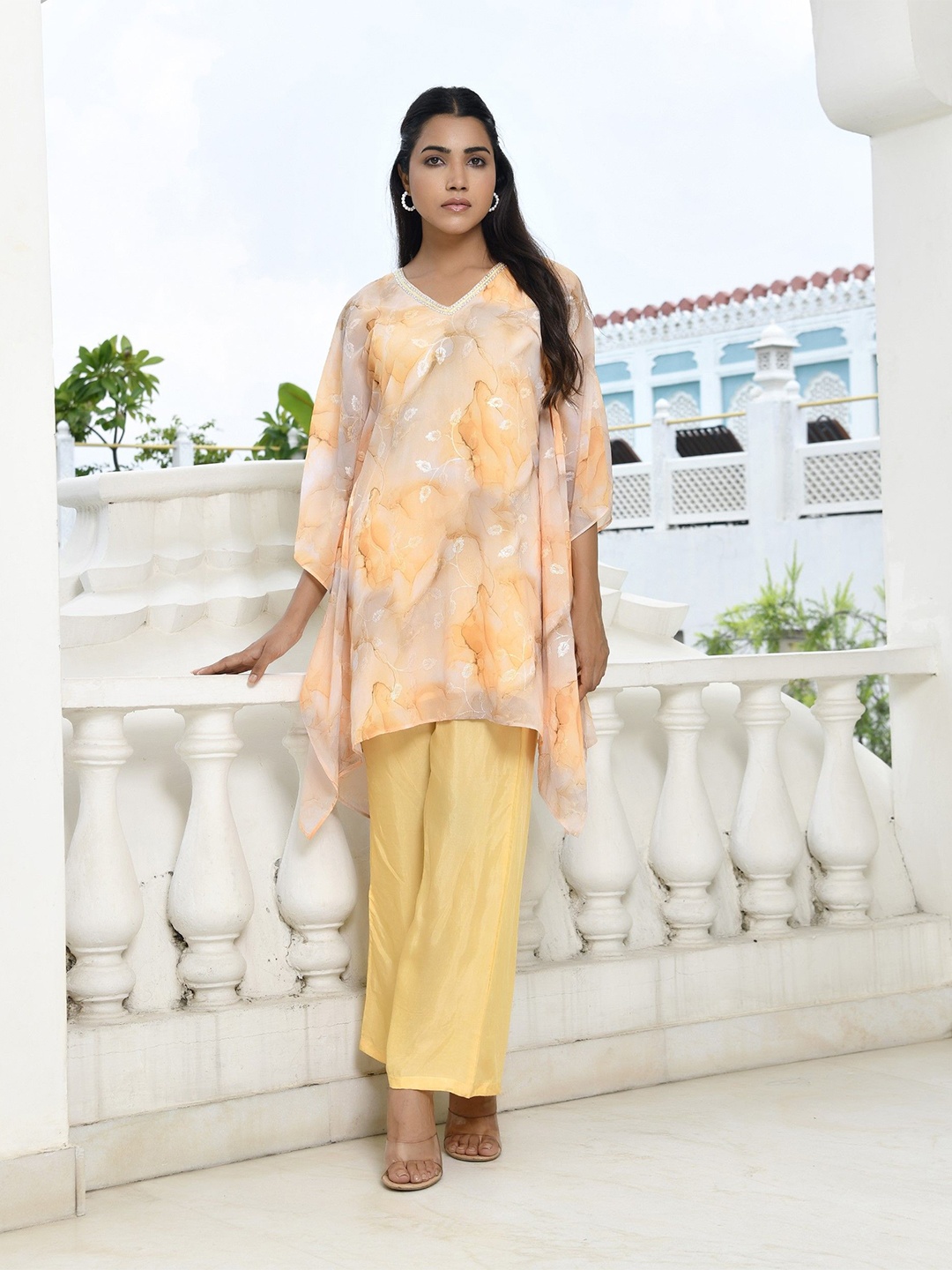 

VAASVA JAIPUR Women Marble Printed Kaftan Top With Trousers Co-Ords, Yellow