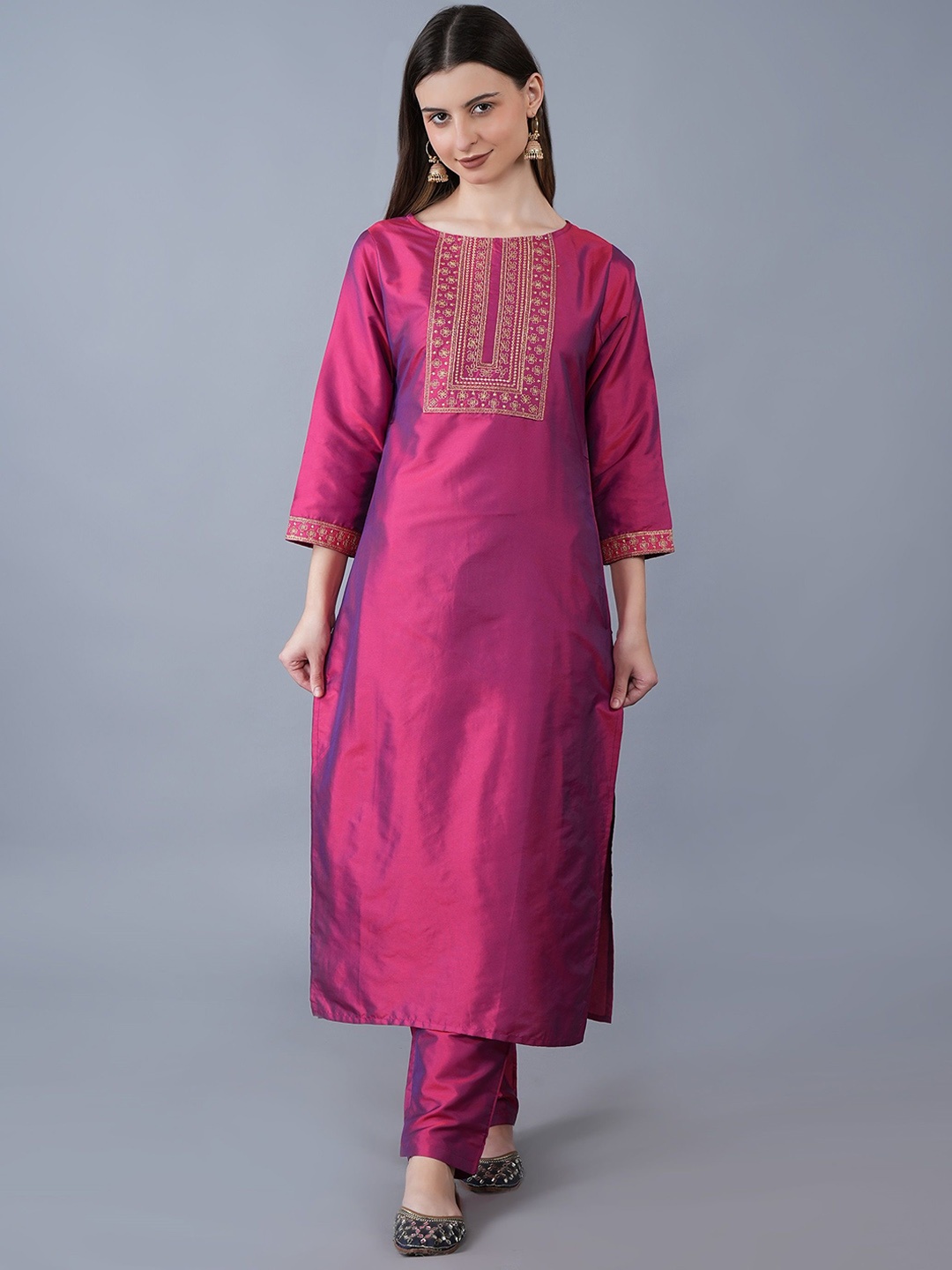 

KALINI Embroidered Thread Work Round Neck Straight Kurta with Palazzo, Peach