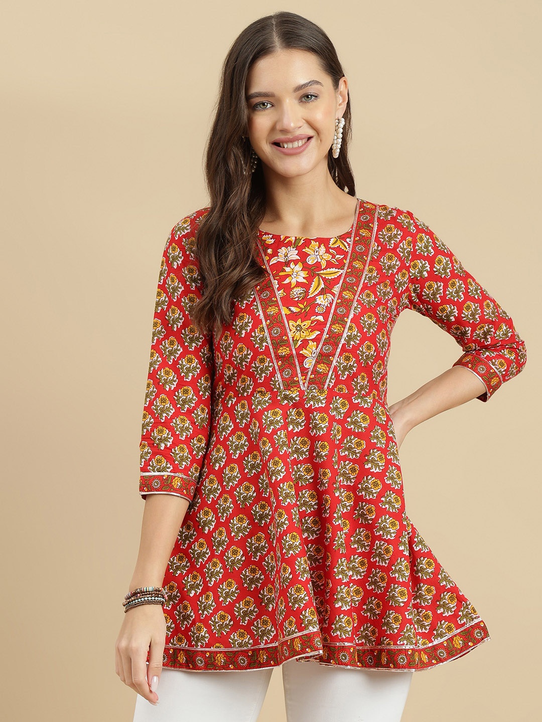 

KALINI Women Floral Printed Round Neck Cotton Top, Red