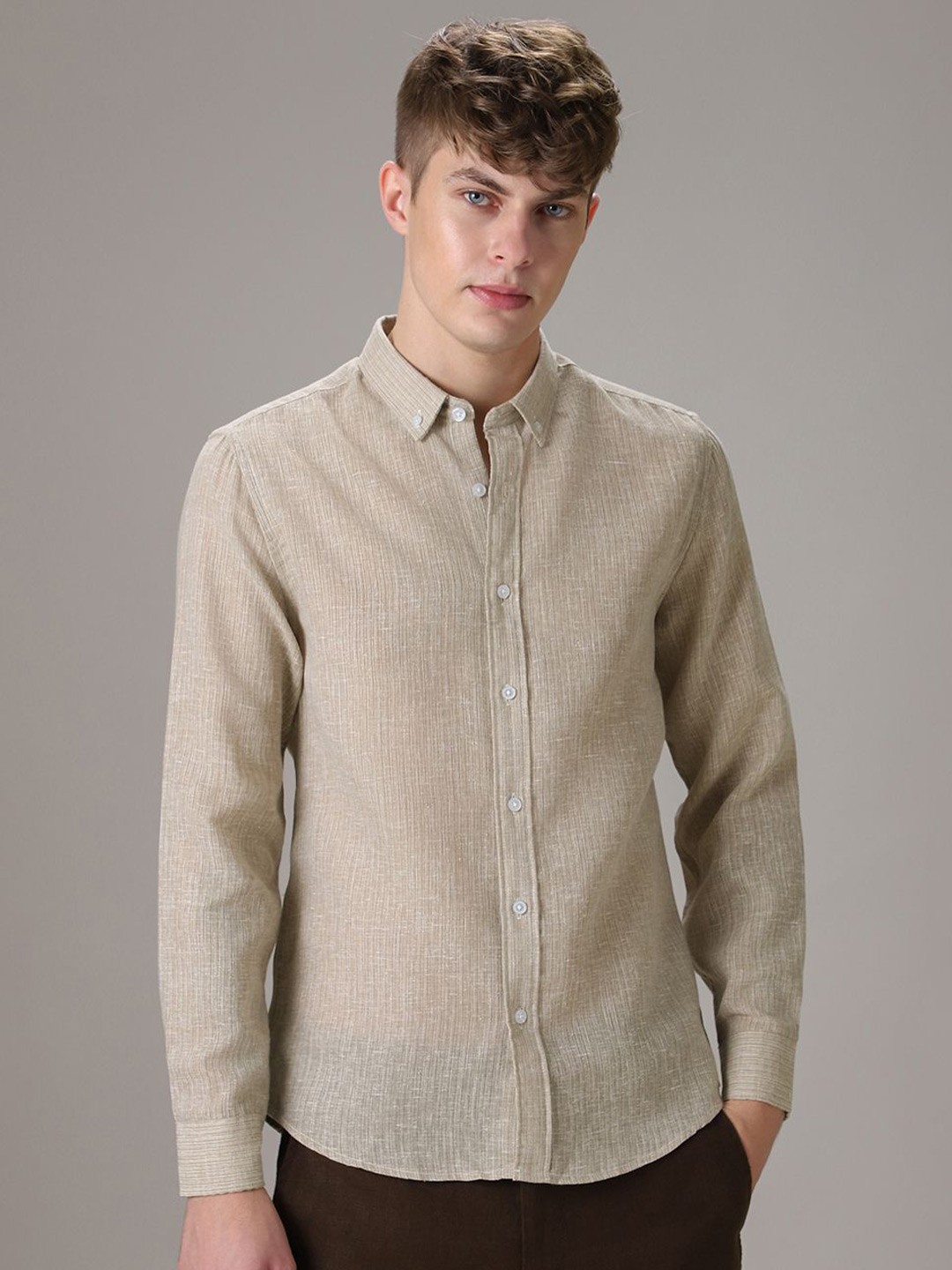 

Banana Club Men Classic Slim Fit Semi Sheer Checked Casual Shirt, Beige