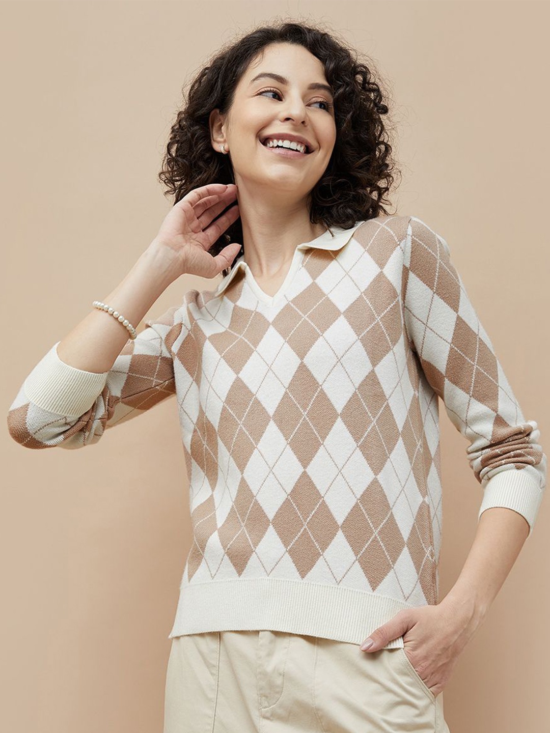 

Fame Forever by Lifestyle Women Checked Printed Shirt Collar Top, Beige