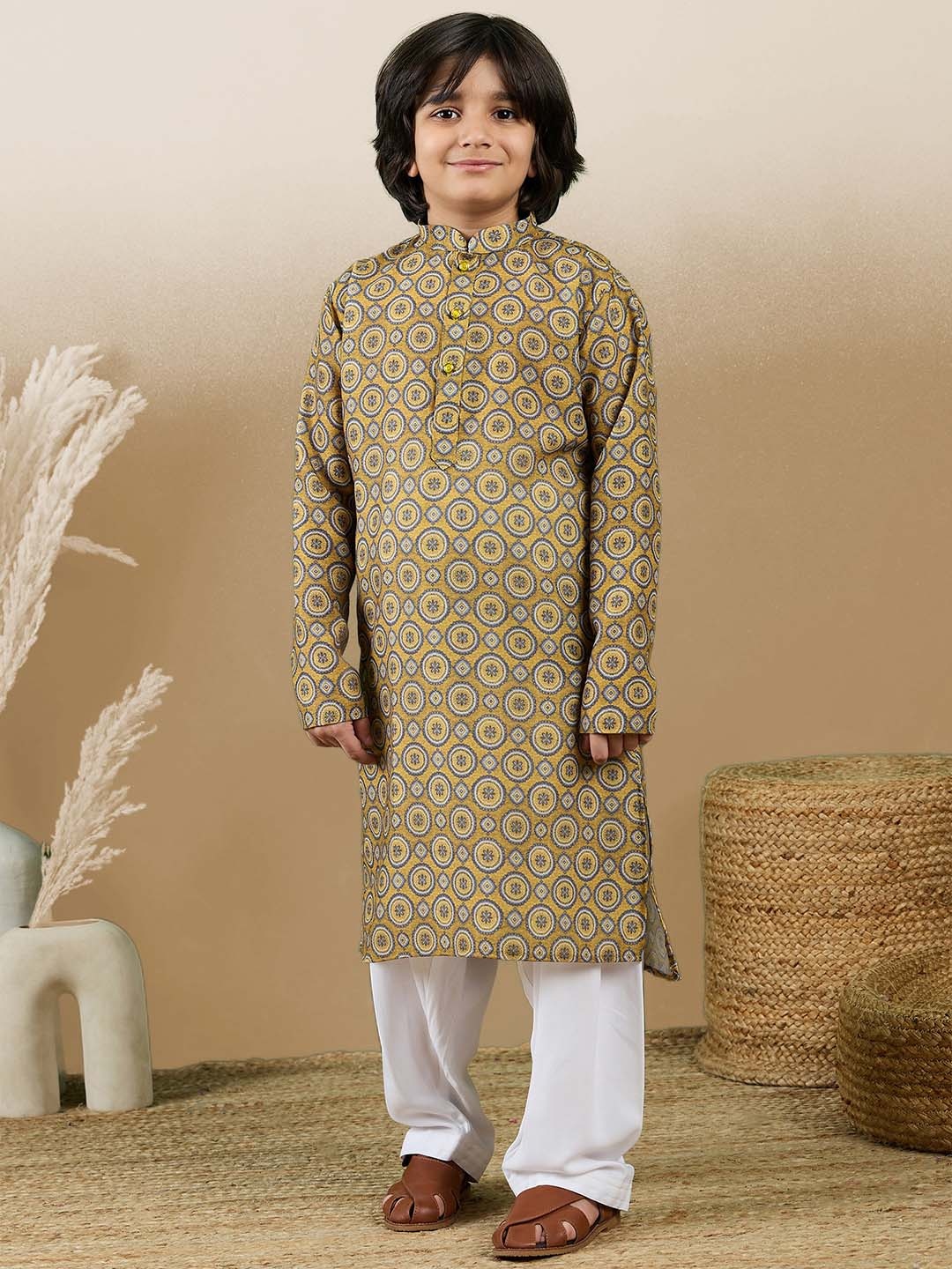 

Here&Now X Sanwara Boys Chic & Classic Floral Printed Straight Cotton Kurta with Patiala, Mustard