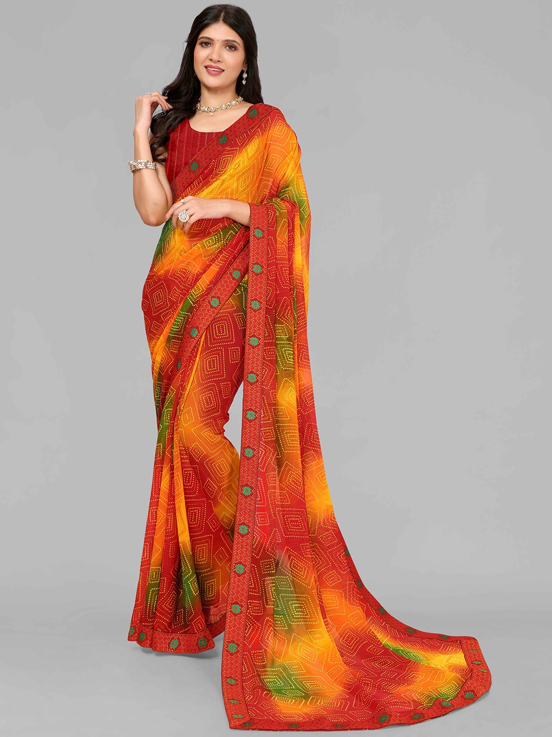 

saretramall Bandhani Printed Pure Georgette Bandhani Saree, Red