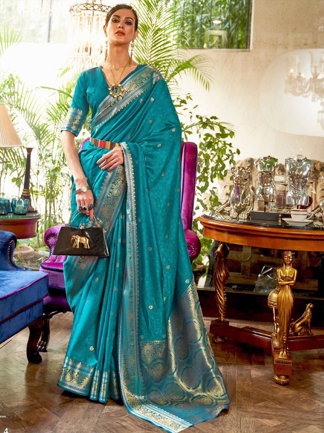 

ODETTE Woven Design Zari Saree, Blue