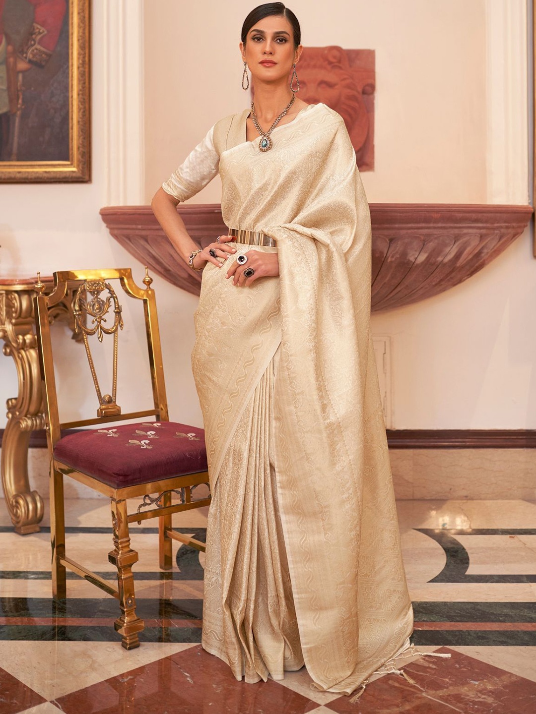 

ODETTE Woven Design Zari Saree With Blouse Piece, Cream