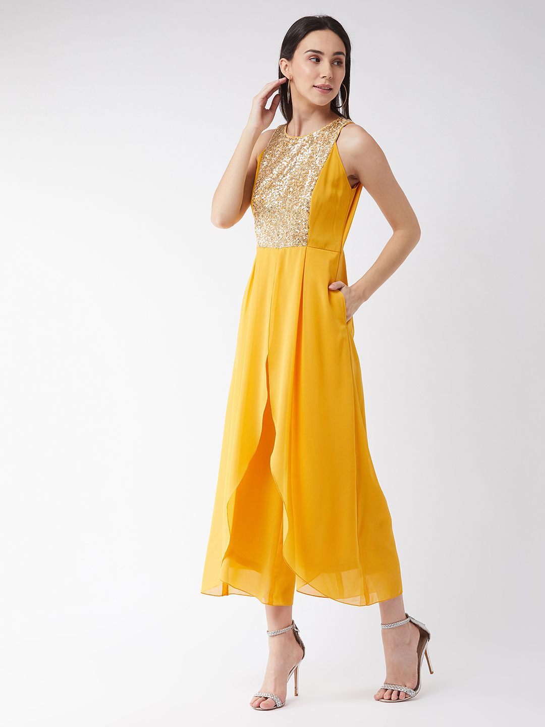 

BAESD Halter Neck Sleeveless Solid Embellished Regular Jumpsuit, Mustard