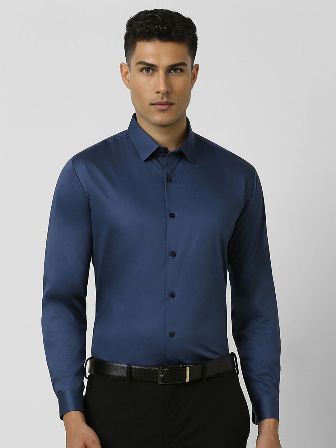 

V Dot Men Spread Collar Solid Cotton Slim Fit Formal Shirt, Navy blue