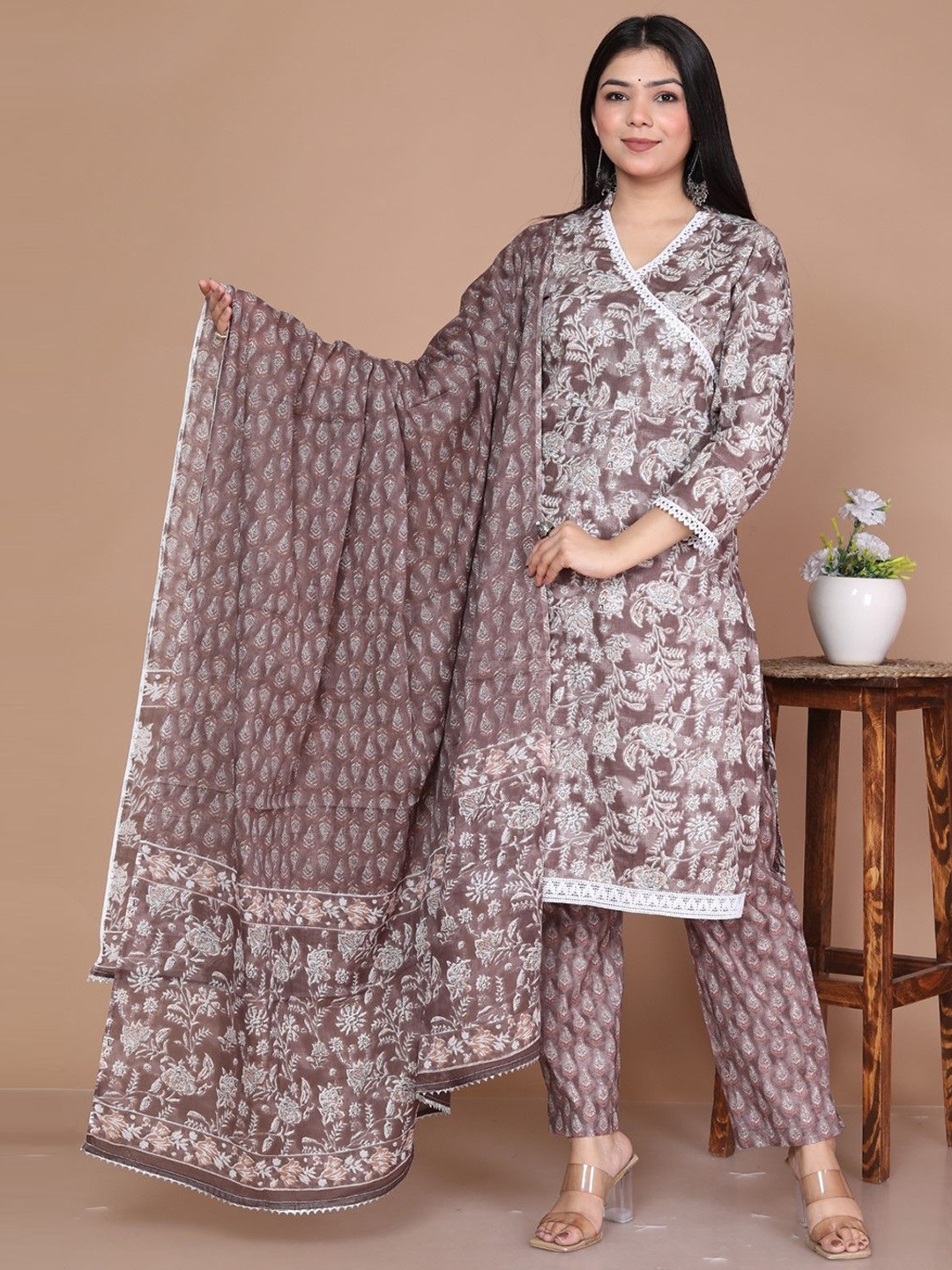 

ANTU KURTIES Floral Printed Regular Pure Cotton Kurta With Trouser With Dupatta, Brown