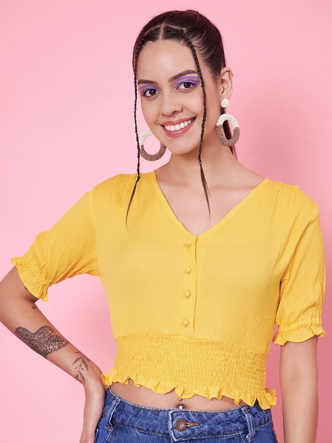 

Kannan Puff Sleeve Cotton Blouson Crop Top, Yellow