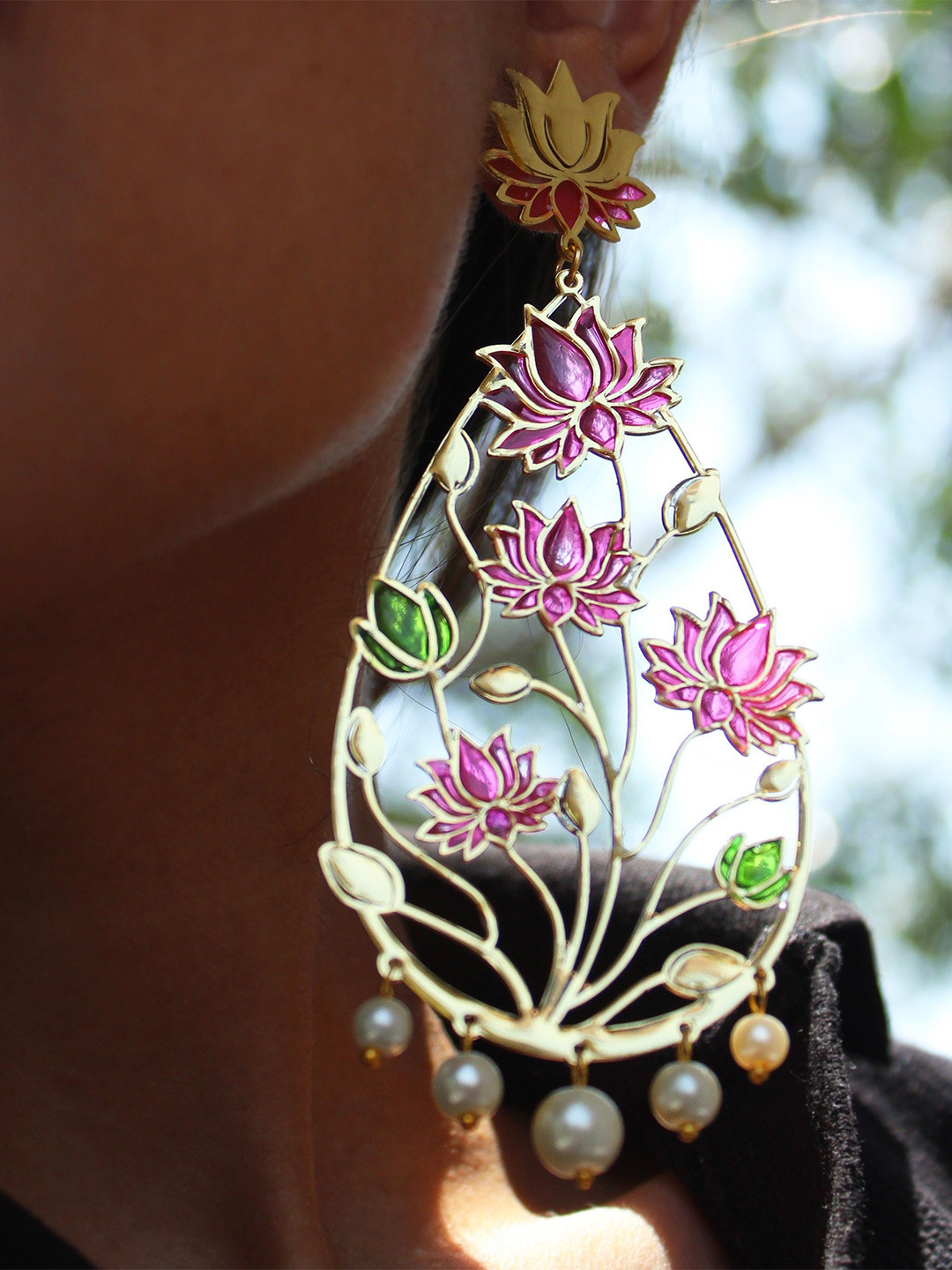 

BeAbhika Gold-Plated Stainless Steel Pearls Beaded Lotus Resin Drop Earrings