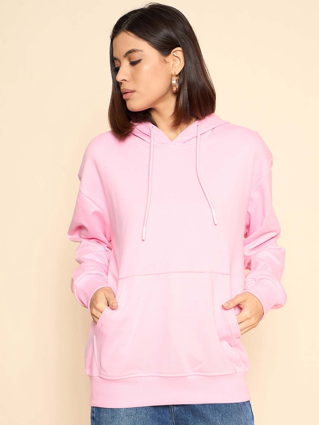 

COLOR CAPITAL Women Hooded Solid Pullover Oversized Cotton Sweatshirt, Pink