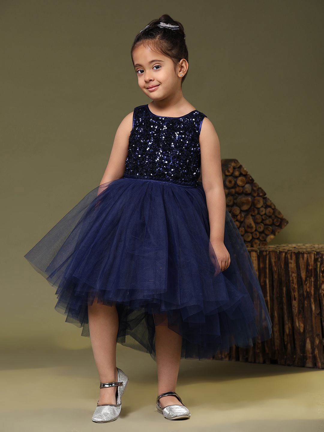 

Toy Balloon kids Girls Net Embellished Fit & Flare Dress, Navy blue