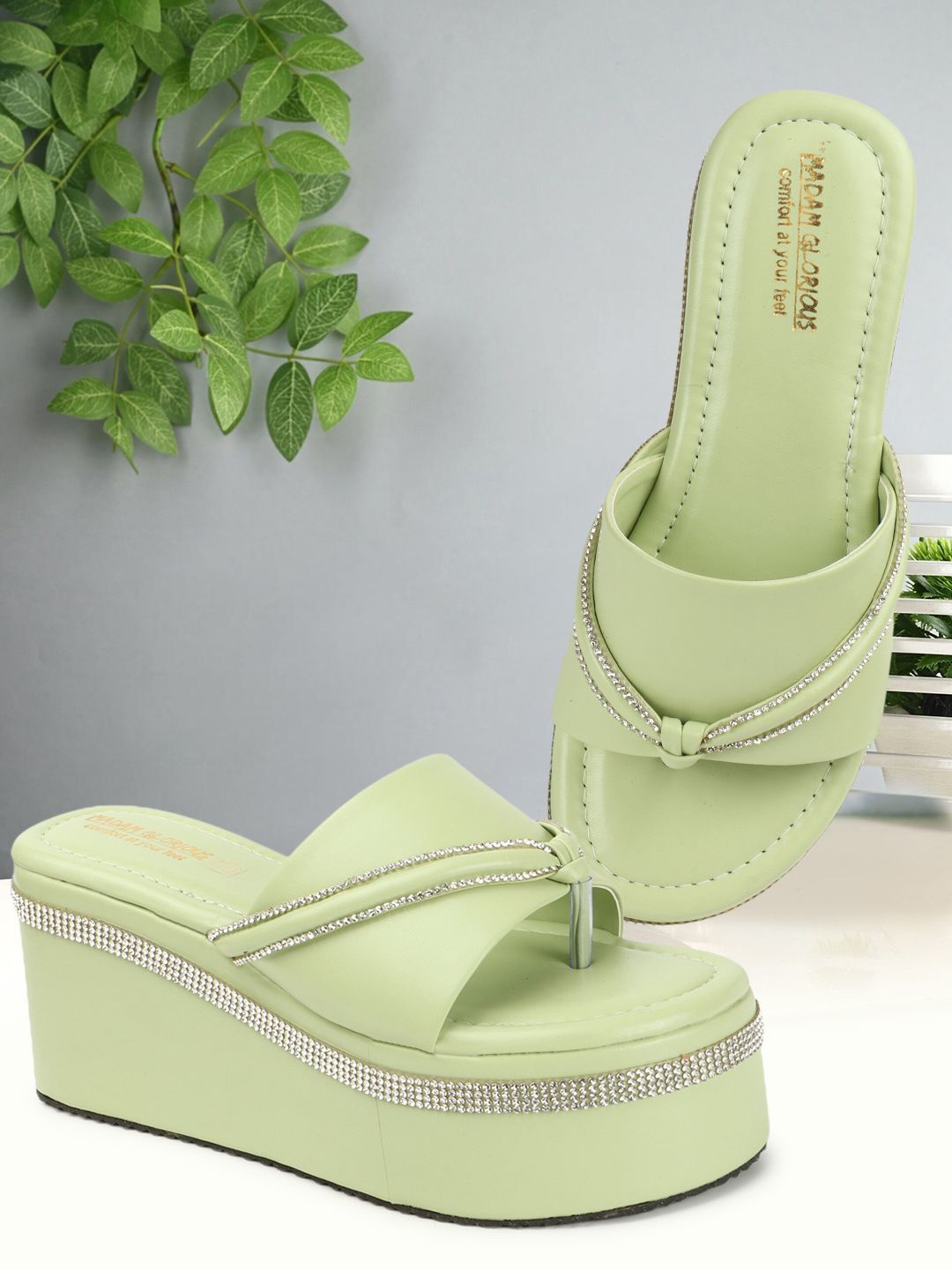 

madam glorious Women Embellished Party Wedge Sandals, Green