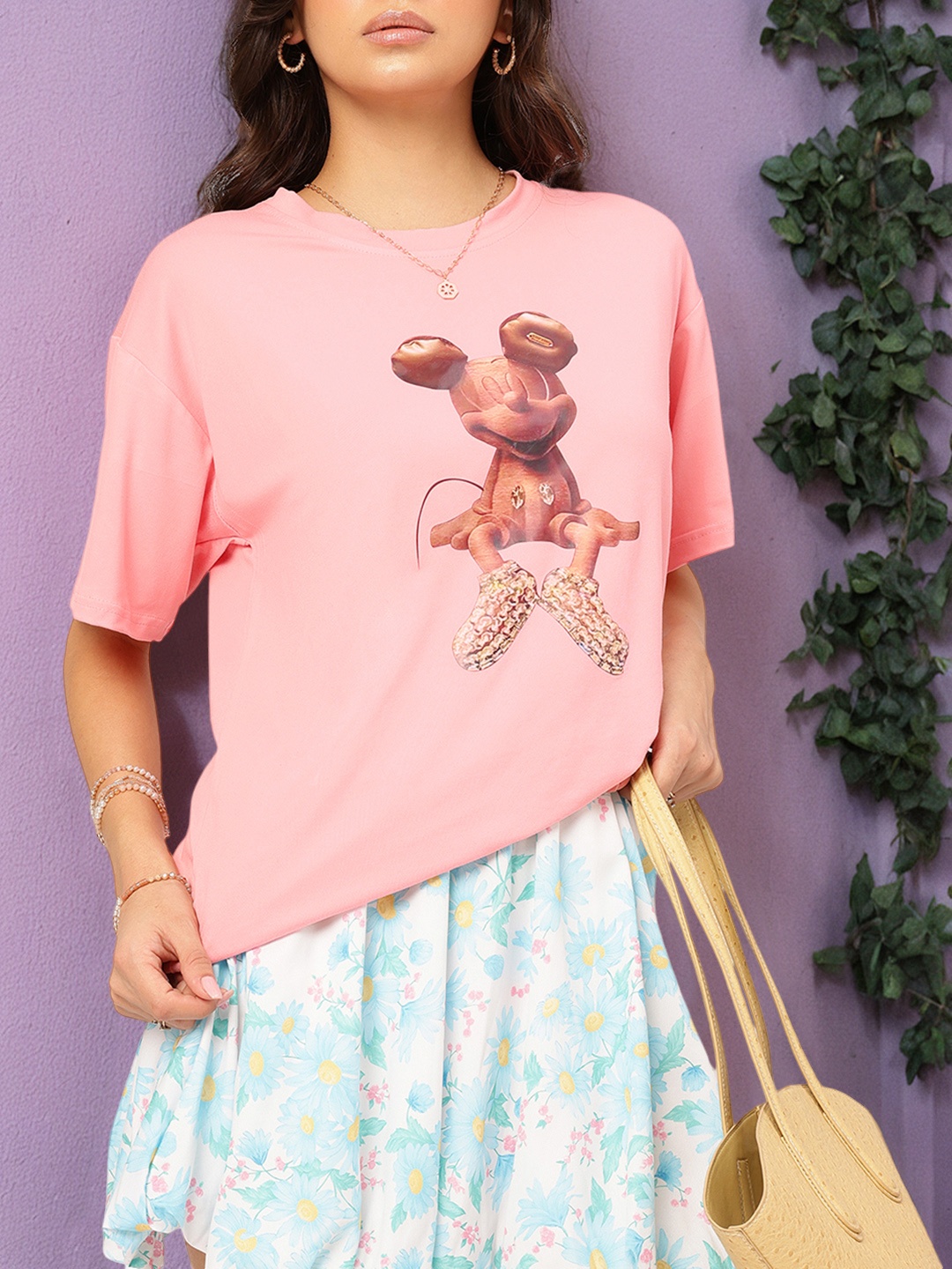 

DressBerry Giggles Charm Printed Drop-Shoulder T-shirt, Pink