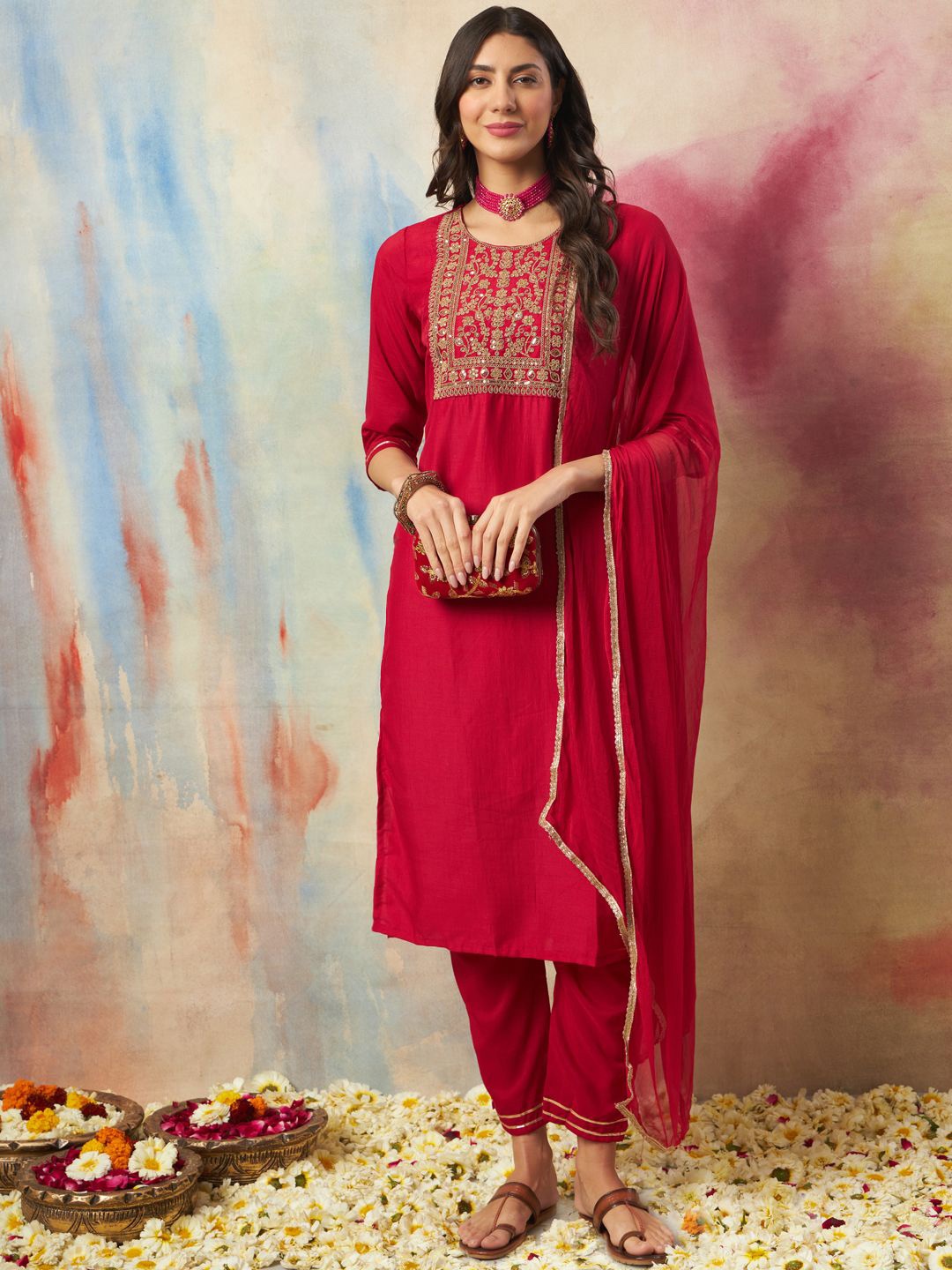 

VredeVogel Floral Embroidered Regular Sequinned Kurta With Trousers & Dupatta, Pink