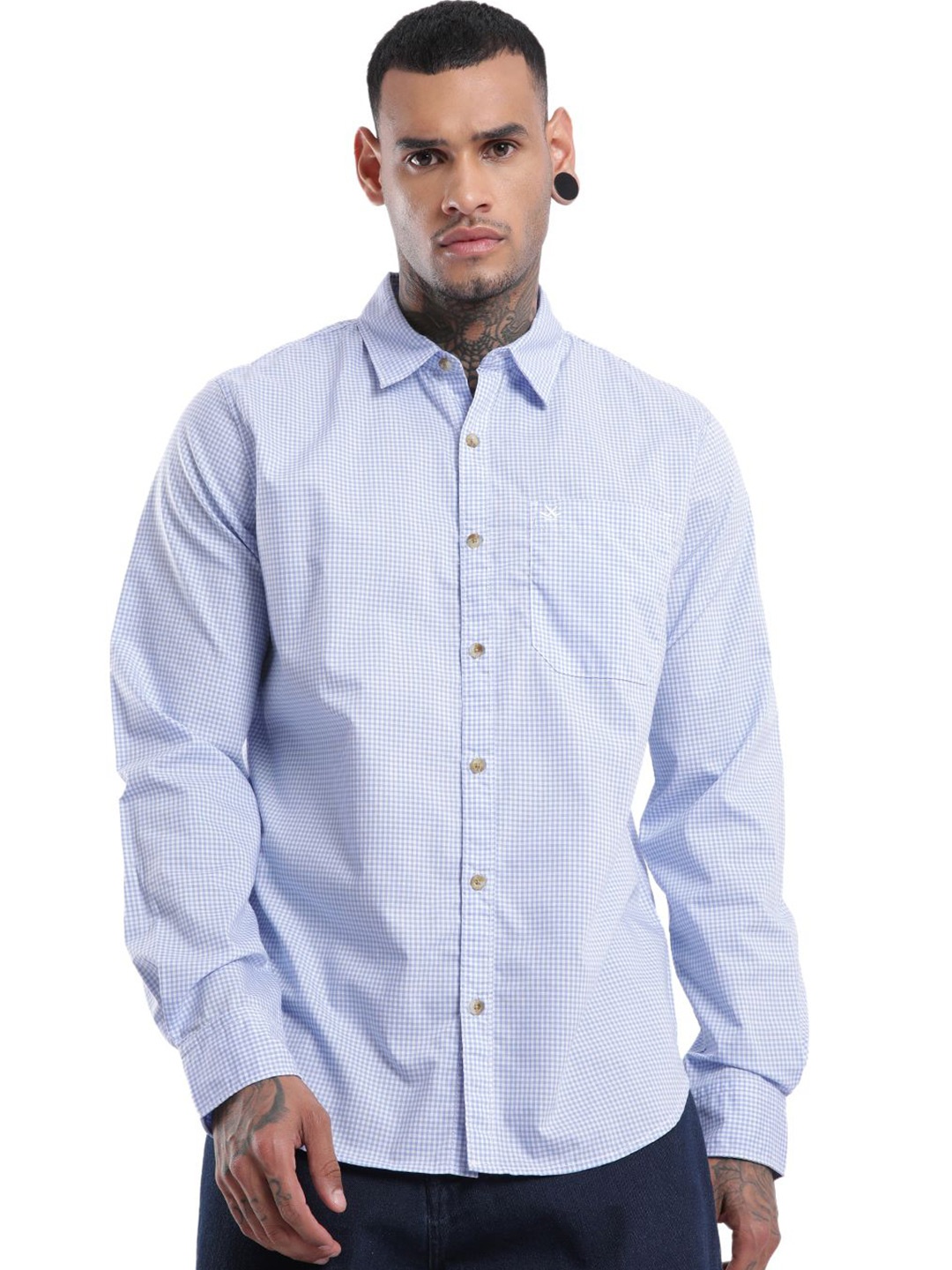 

WROGN Men Spread Collar Micro Checks Printed Cotton Casual Shirt, Blue