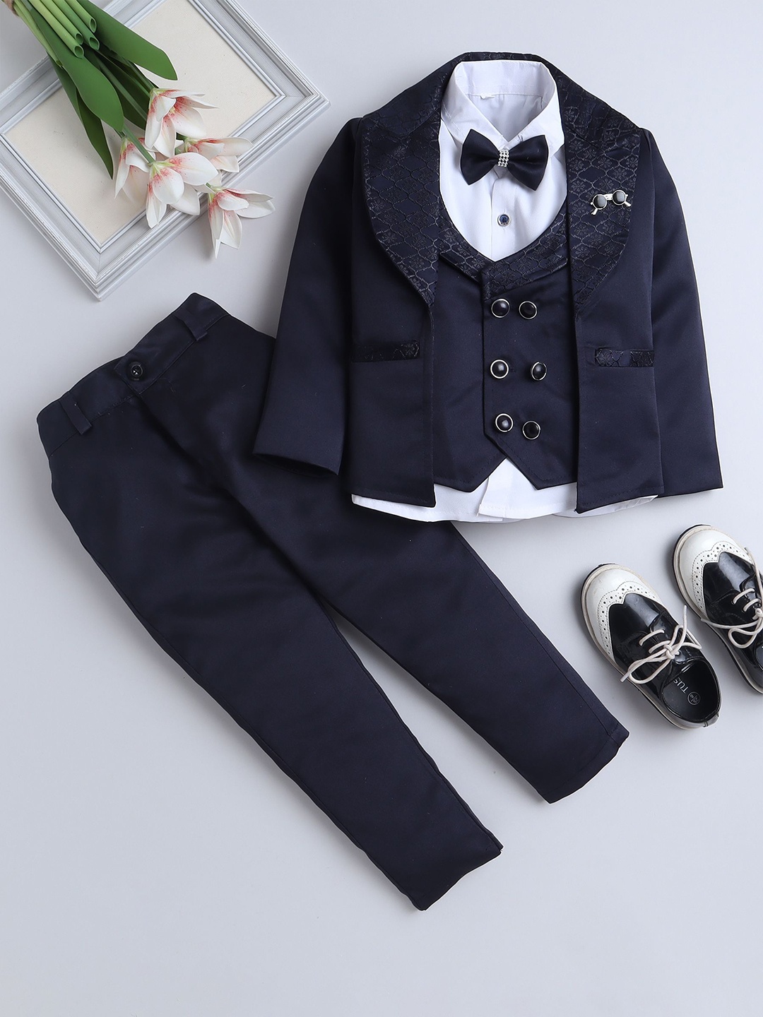 

FOURFOLDS Boys Double-Breasted Notched Lapel Blazer with Trouser and Shirt & Bow Tie, Navy blue