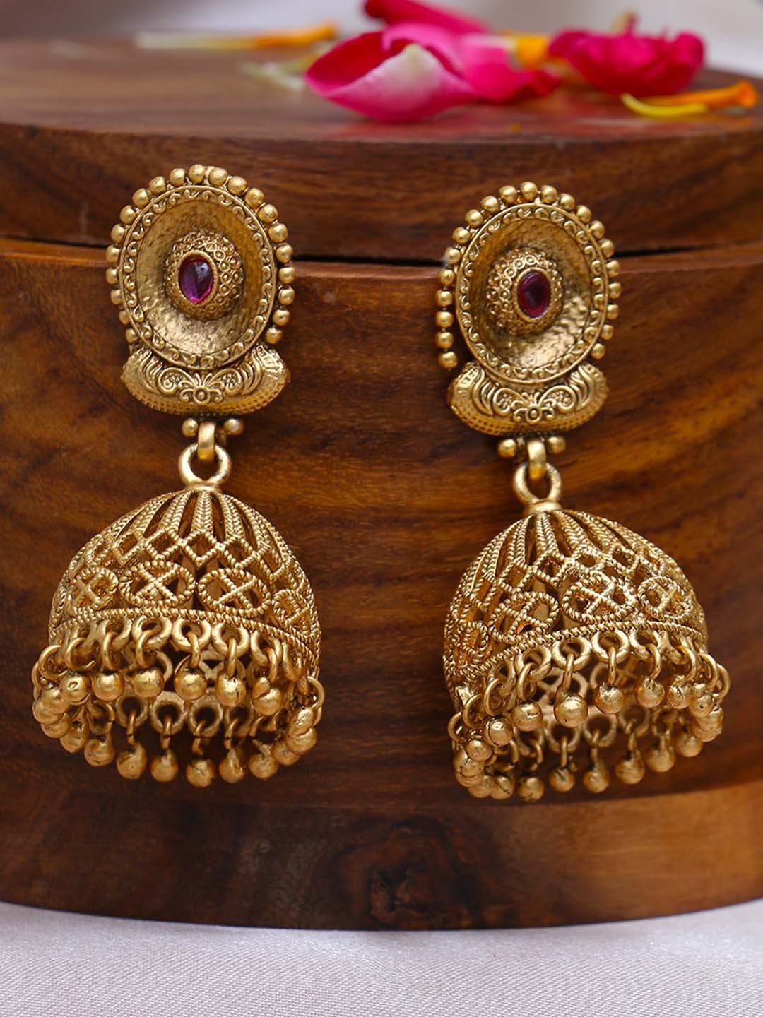 

Adwitiya Collection Gold-Plated Stone Studded Dome Shaped Jhumkas