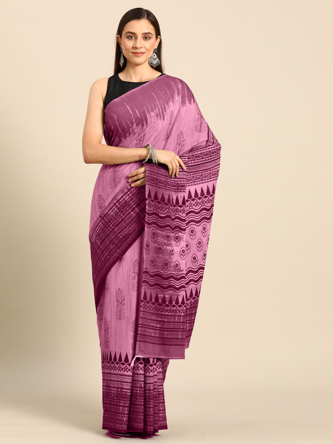 

BUTA BUTI Ethnic Motifs Printed Pure Cotton Saree, Pink