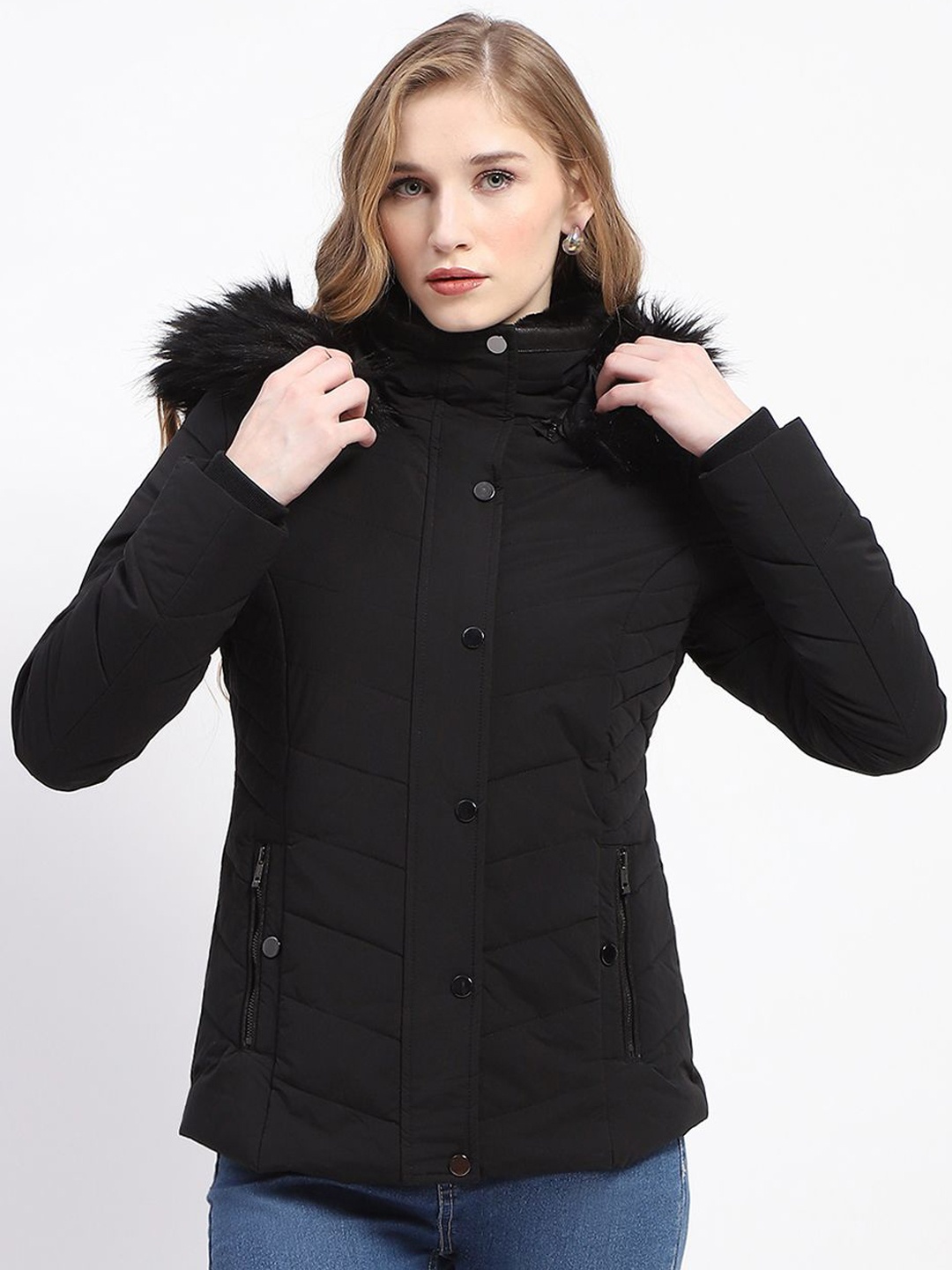 

Madame Women Longline Faux Fur Trim Parka Jacket, Black