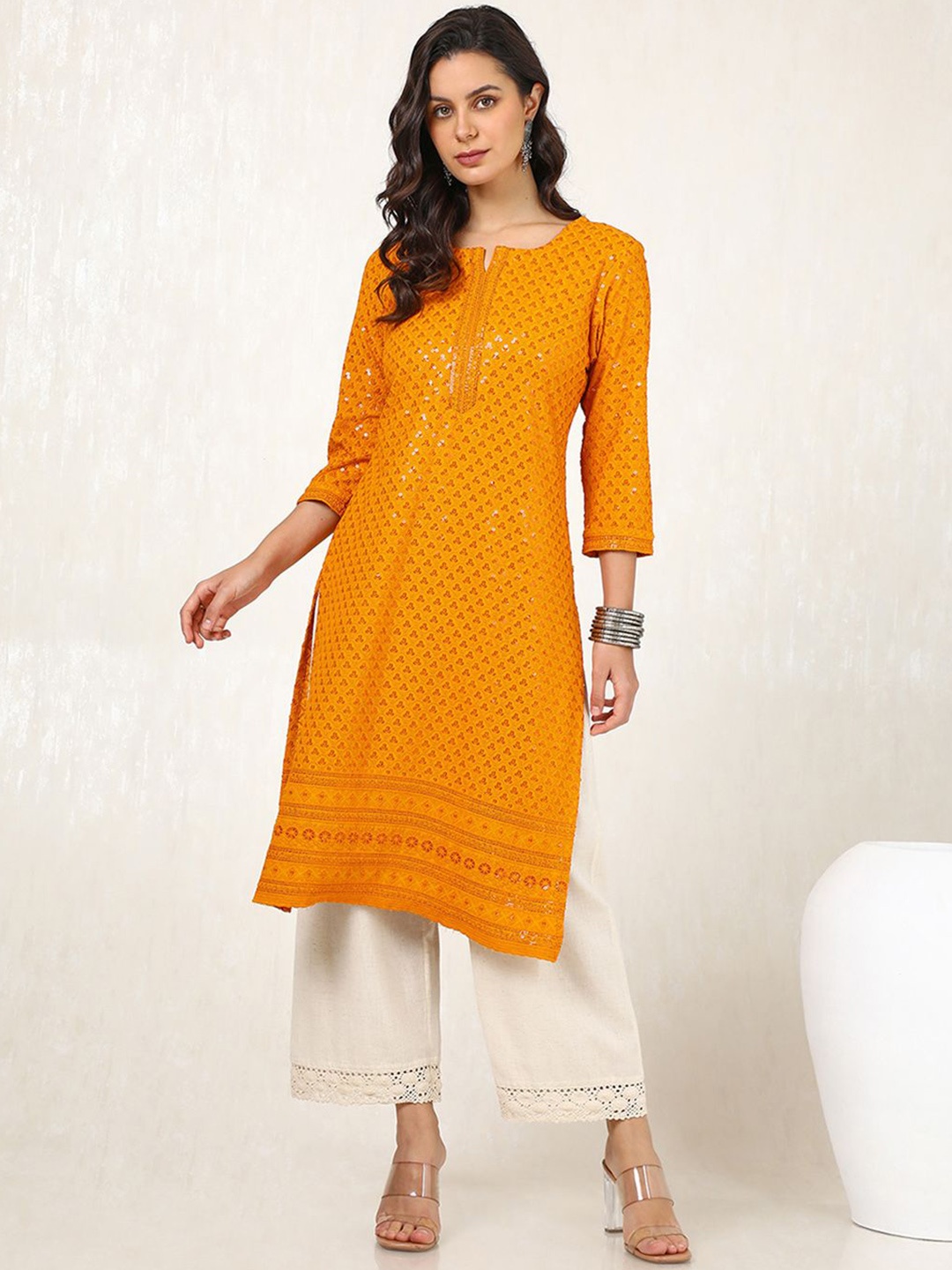 

Soch Mustard Yellow Floral Embroidered Notch Neck Sequinned Straight Kurta