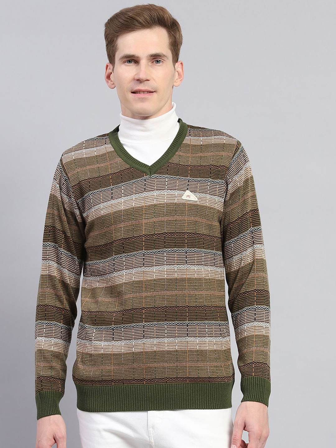 

Monte Carlo Men Striped V Neck Woollen Pullover, Brown