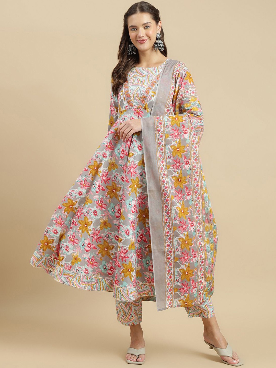 

KALINI Floral Printed Gotta Patti Pure Cotton Anarkali Kurta With Palazzo & Dupatta, Brown