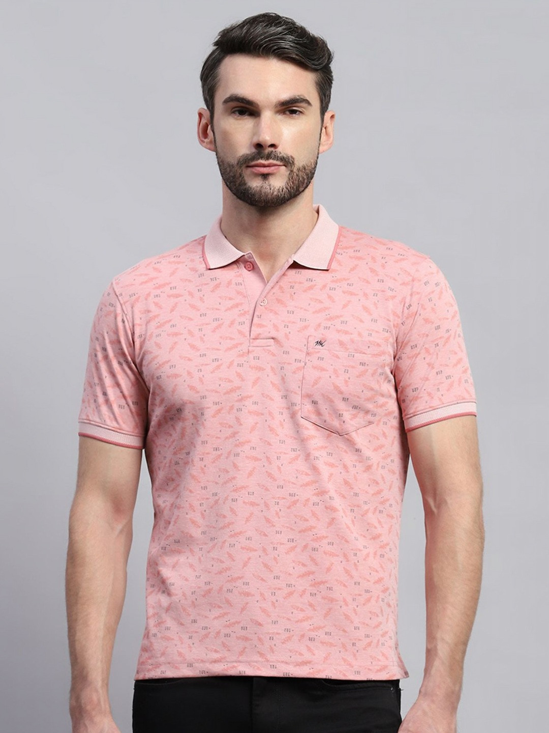 

Monte Carlo Men Floral Printed Polo Collar Cotton T-shirt, Pink