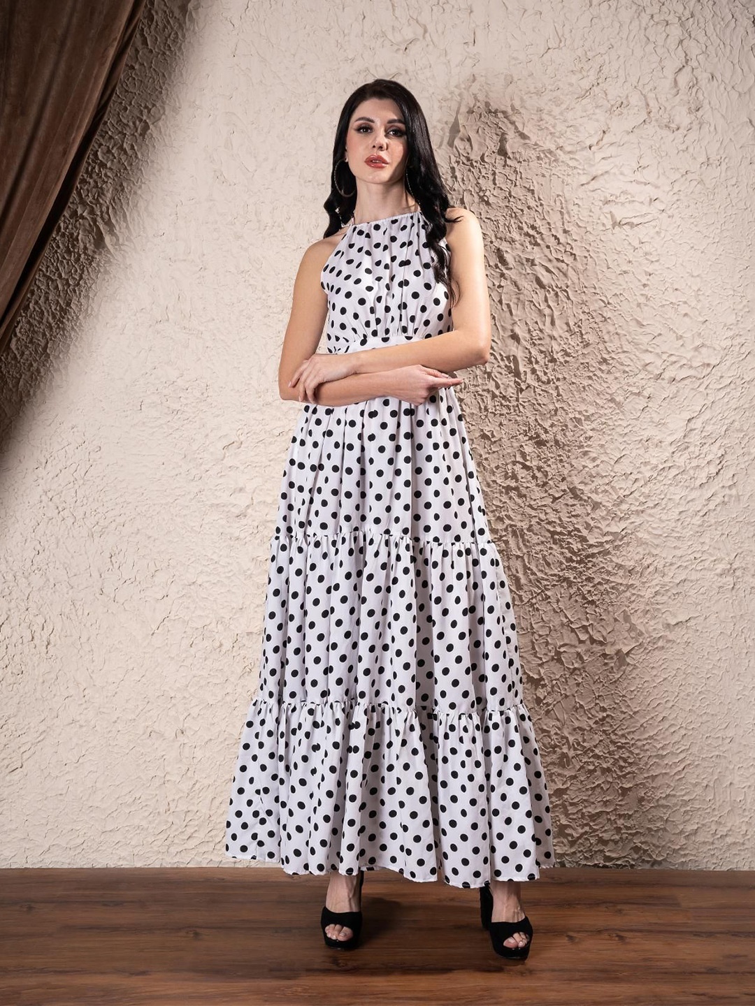 

Sacai Women Polka Dot Print Halter Neck Ruffled Maxi Dress, White