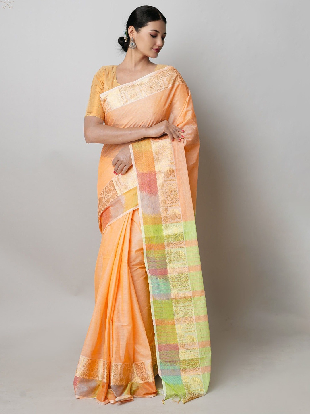 

Unnati Silks Zari Pure Cotton Handloom Narayan Peth Saree, Orange