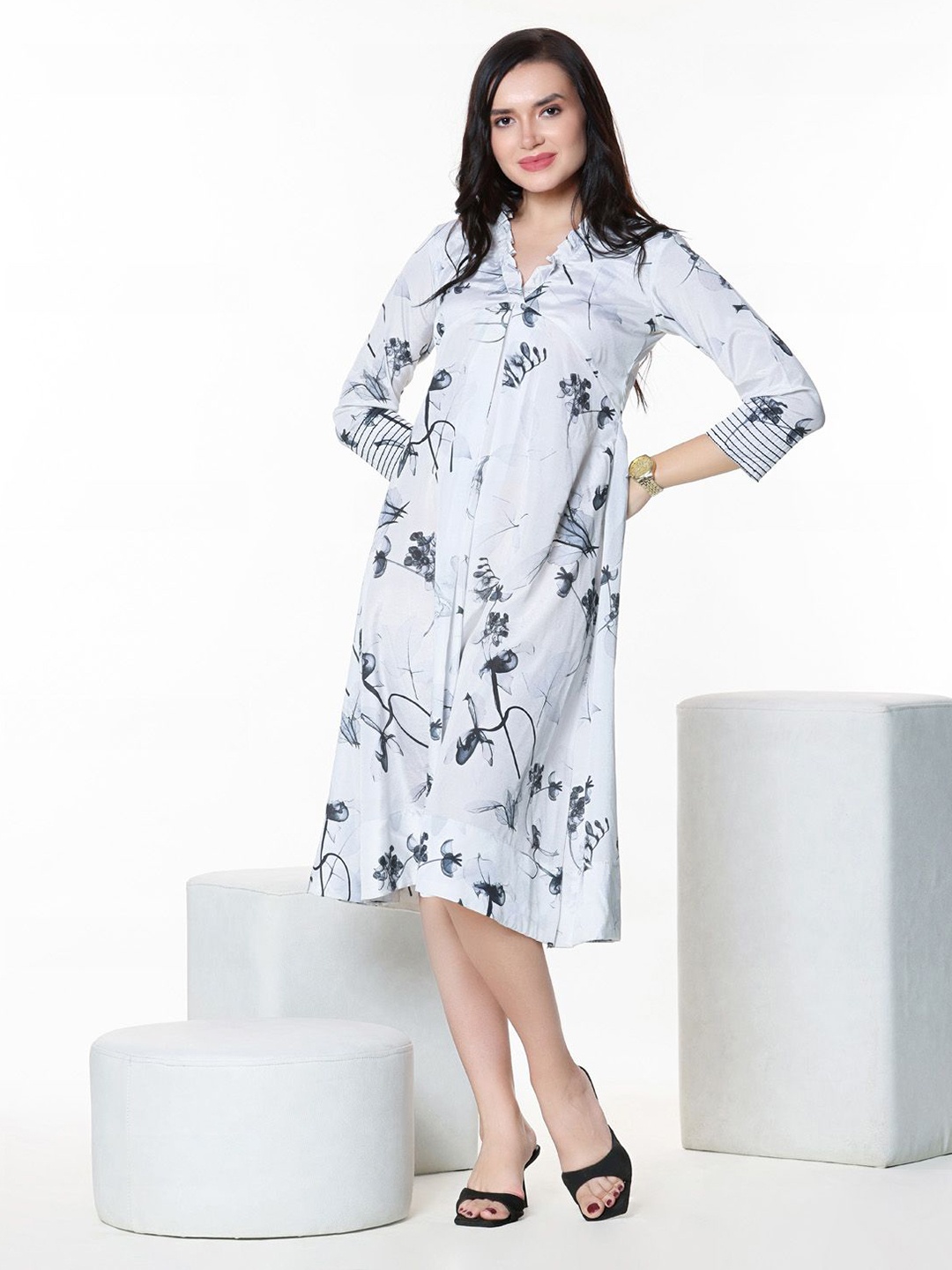 

aaRVee STUDIO Women Floral Printed Crepe A-Line Midi Dress, White