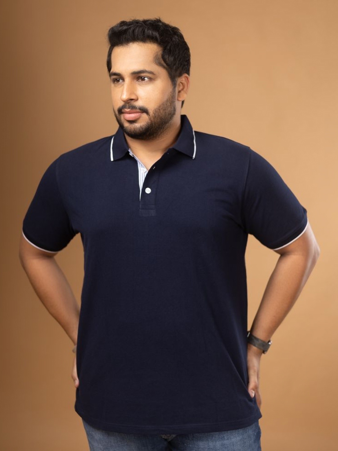 

Sizeupp Men Plus Size Solid Polo Collar Cotton T-shirt, Navy blue