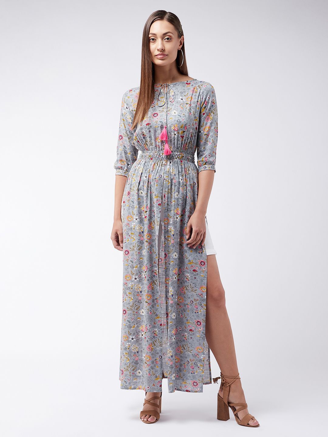 

BAESD Round neck 3/4th Sleeve Floral Elasticated Maxi Top, Grey