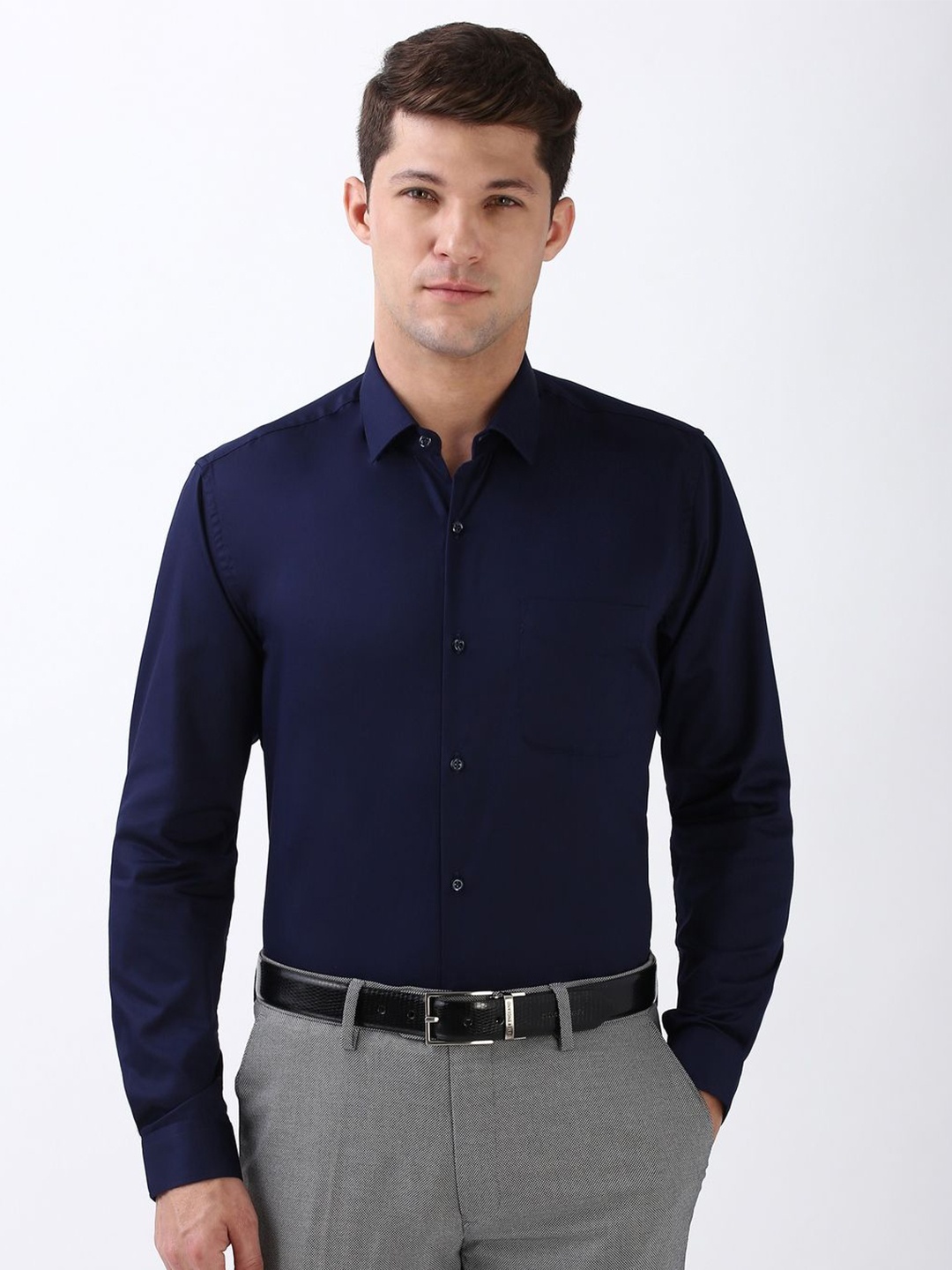 

Peter England Men Spread Collar Solid Cotton Formal Shirt, Navy blue