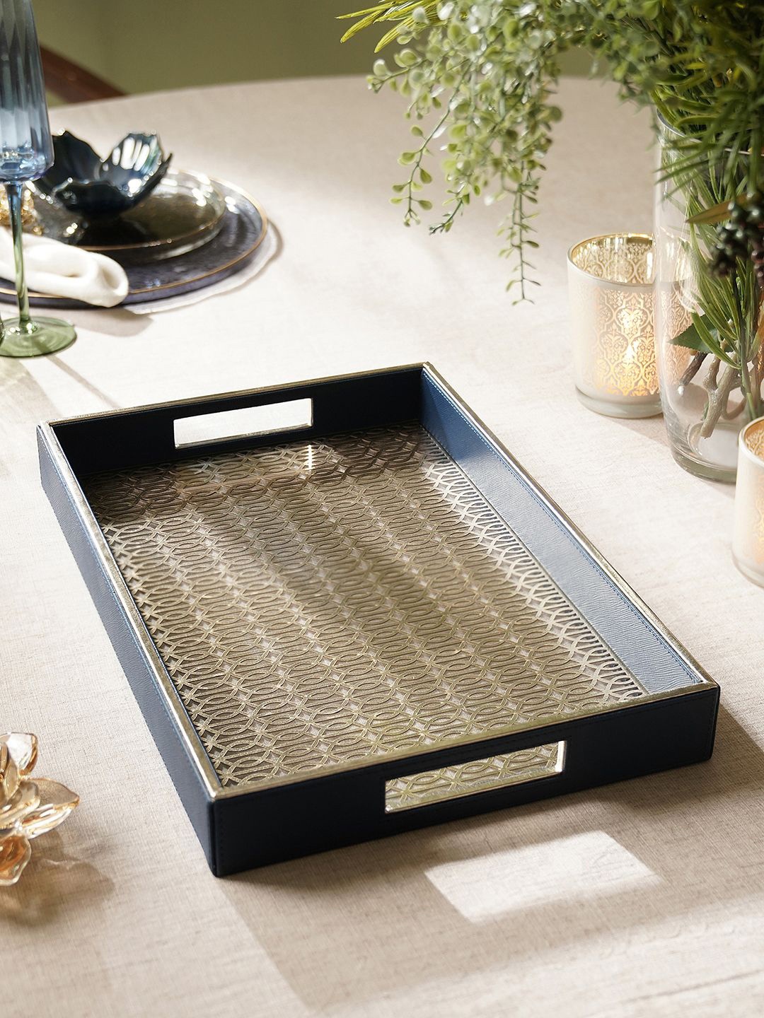 

Pure Home and Living Blue & Gold Toned Faux Leather Rectangle Serving Tray