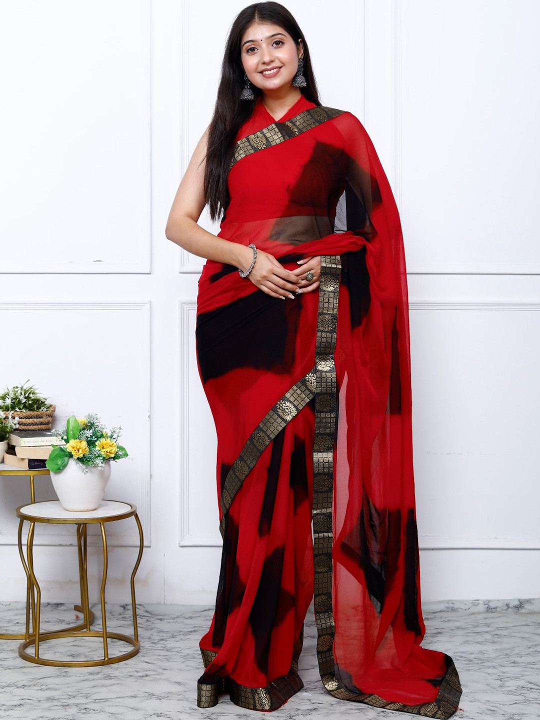 

VL SAREES Tie and Dye Pure Chiffon Saree, Red