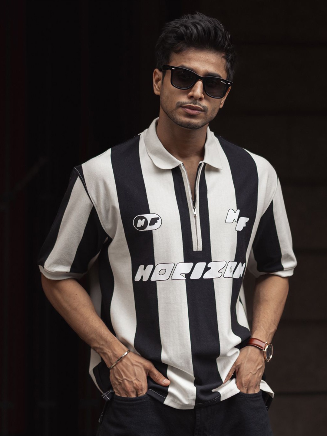 

Powerlook Men Striped Polo Collar Cotton Oversized T-shirt, Black