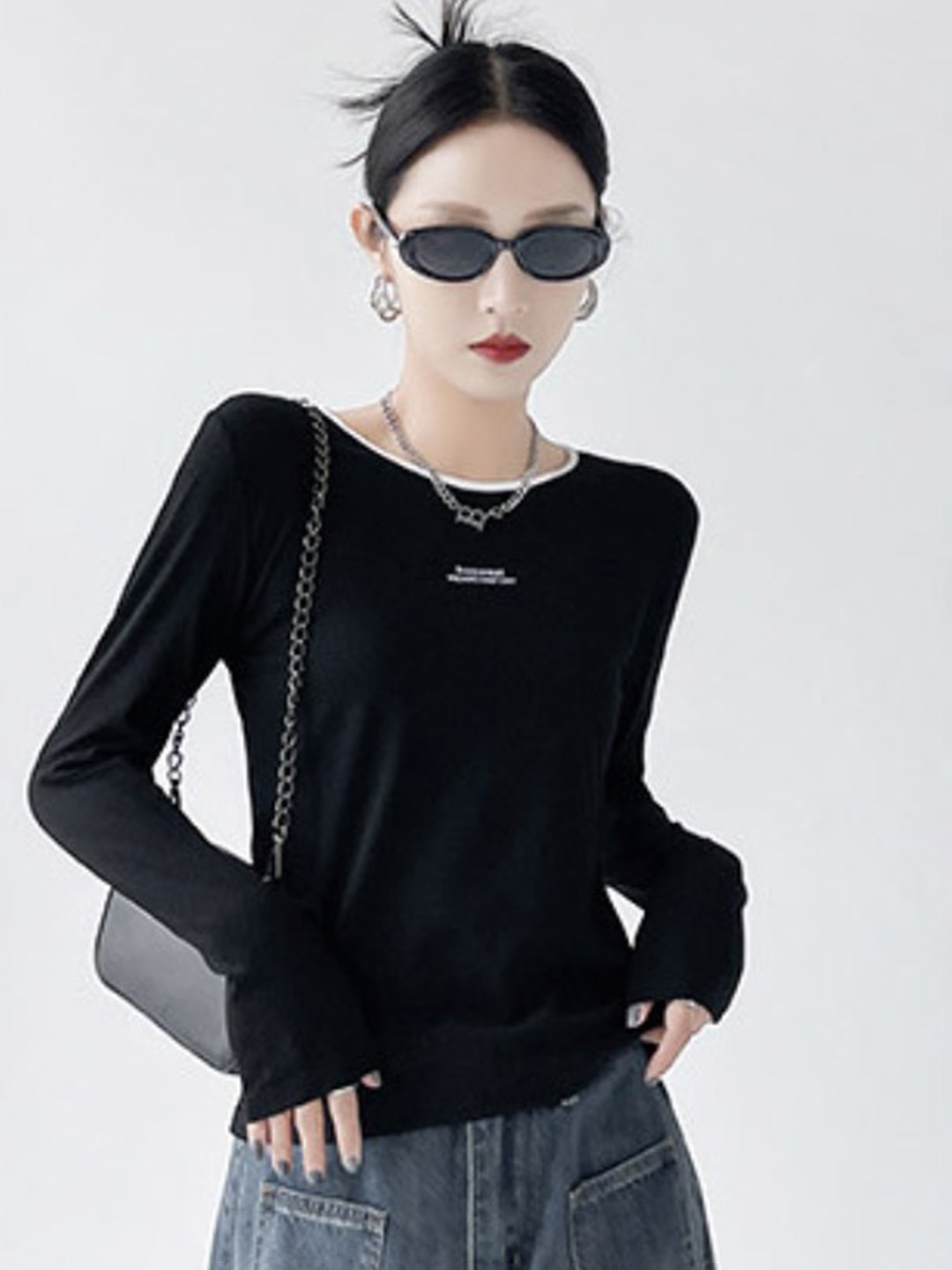 

LULU & SKY Women Solid Round Neck Top, Black